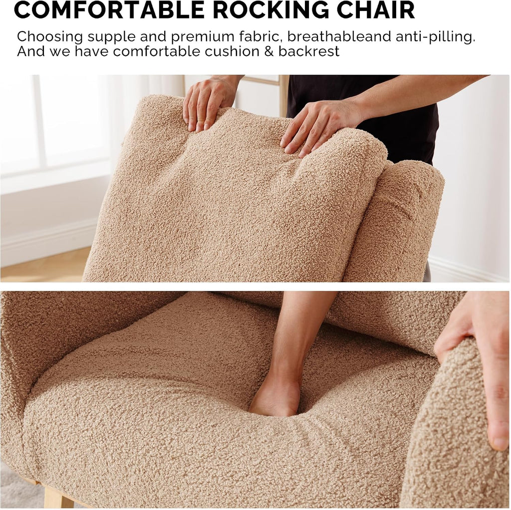 HCHAIRH Rocking Chair Nursery, Boucle Nursing Rocking Chairs, Upholstered Nursery Glider Rocker Wingback Morden Rocking Chair with Lumbar Pillow for Mom Nursery, Living Room, Bedroom, Teddy Khaki