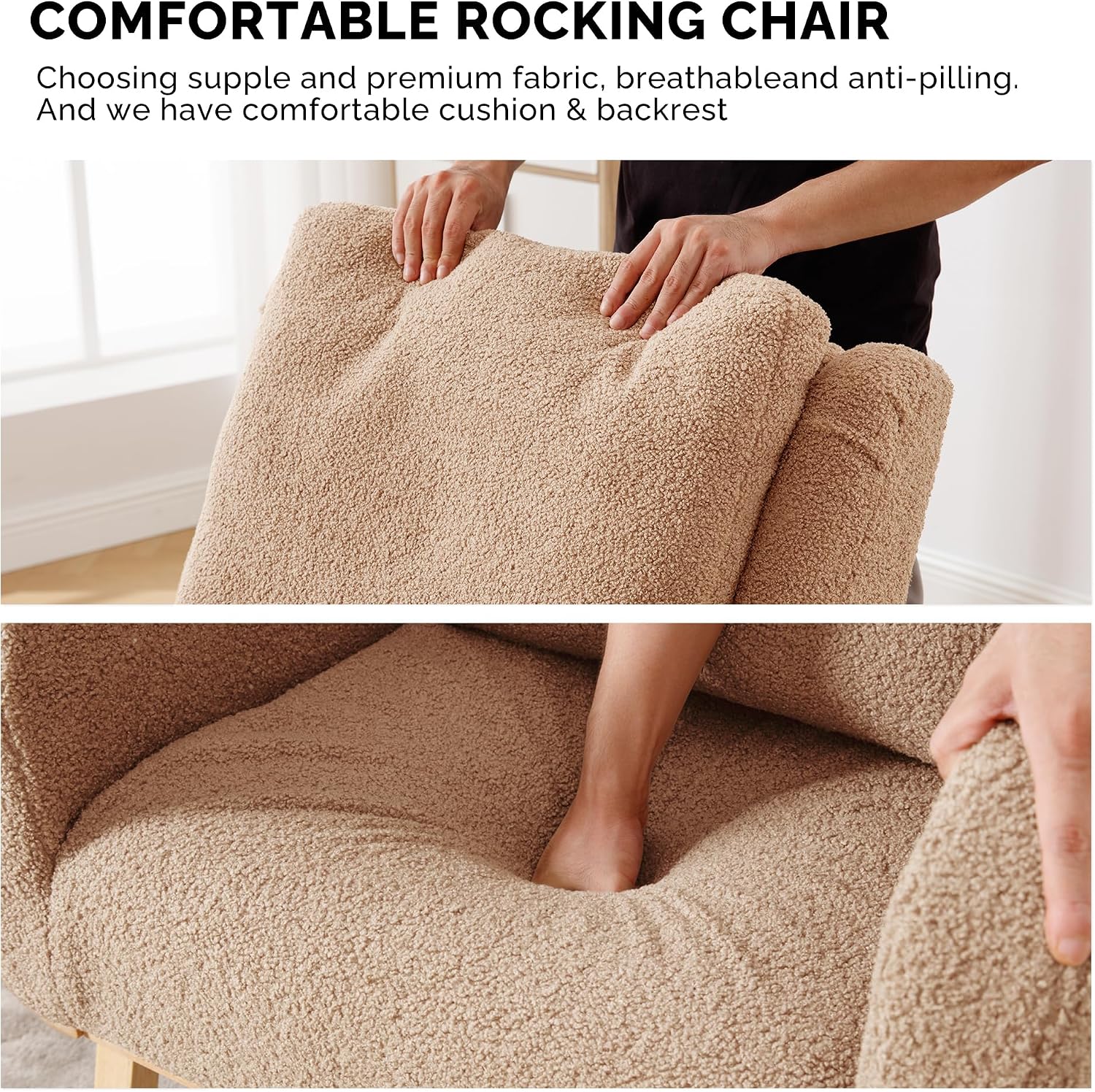 HCHAIRH Rocking Chair Nursery, Boucle Nursing Rocking Chairs, Upholstered Nursery Glider Rocker Wingback Morden Rocking Chair with Lumbar Pillow for Mom Nursery, Living Room, Bedroom, Teddy Khaki