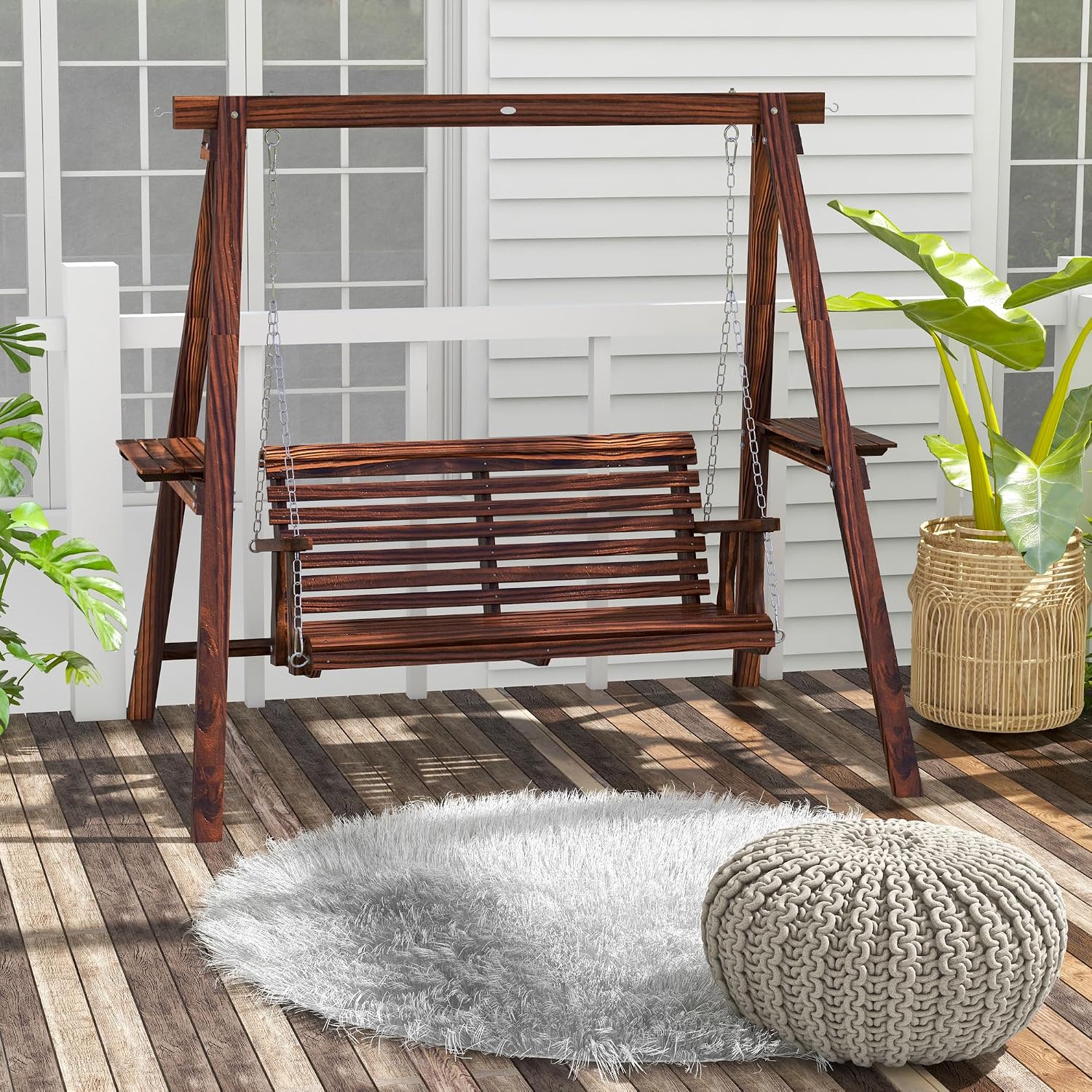 Outsunny 2-Seat orch Swing with Stand, Wooden Patio Swing Chair with Side Tables and Metal Chains, Outdoor Hanging Bench for Garden, Poolside, Backyard, Carbonized