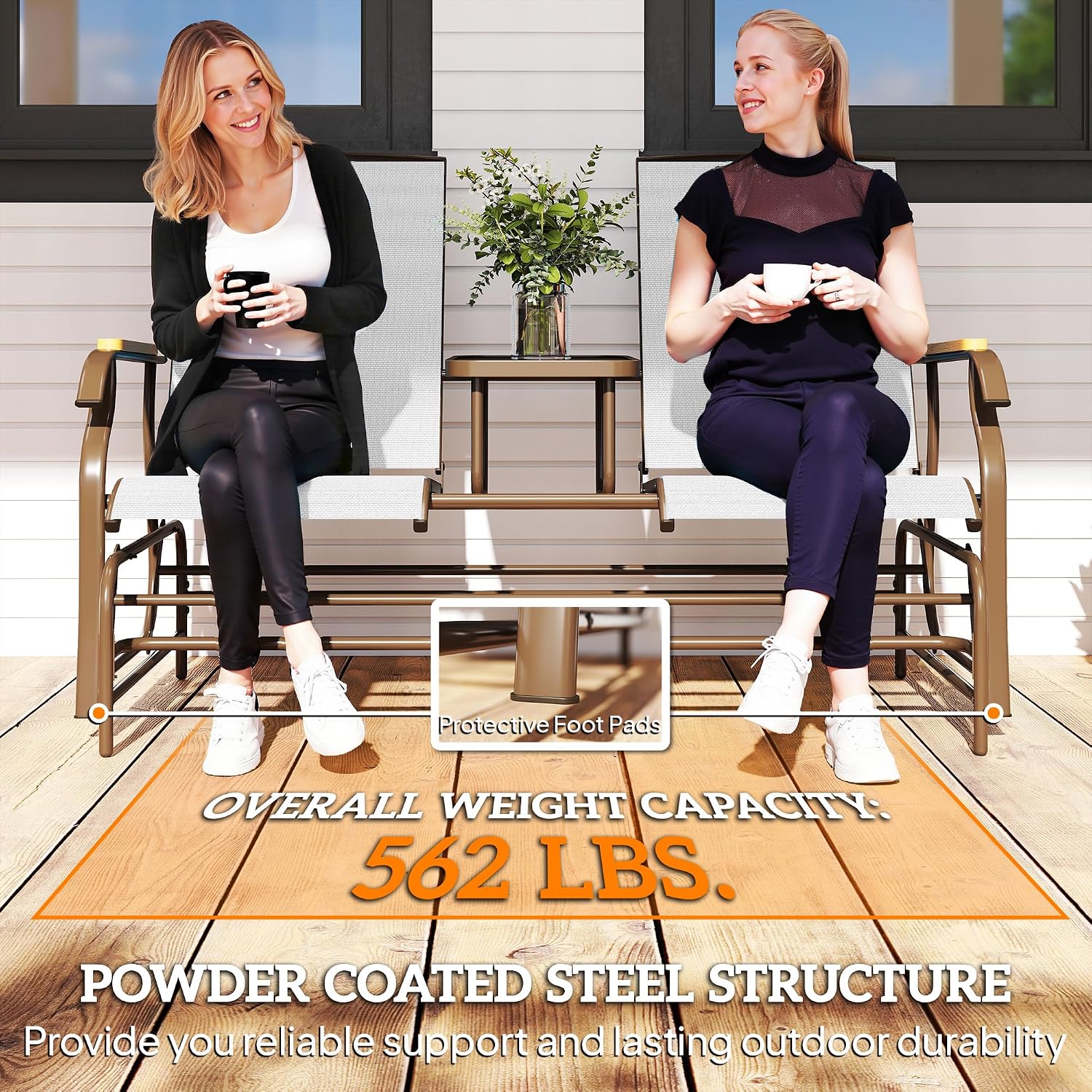 Outsunny 2 Person Outdoor Glider Bench, Patio Swing Glider Chair Loveseat with Breathable Mesh, Table, Steel Frame for Garden, Backyard, Porch, Cream White
