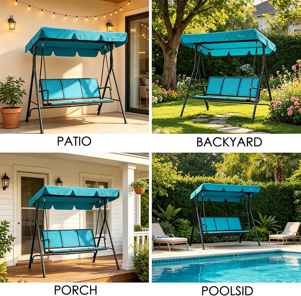 Kozyard 3-Person Outdoor Canopy Porch Swing Chair, Breathable Textilene Armrest Seat, Adjustable Shade, Heavy-Duty Powder-Coated Steel Frame Swing for Patio, Backyard, Poolside & Balcony, Blue