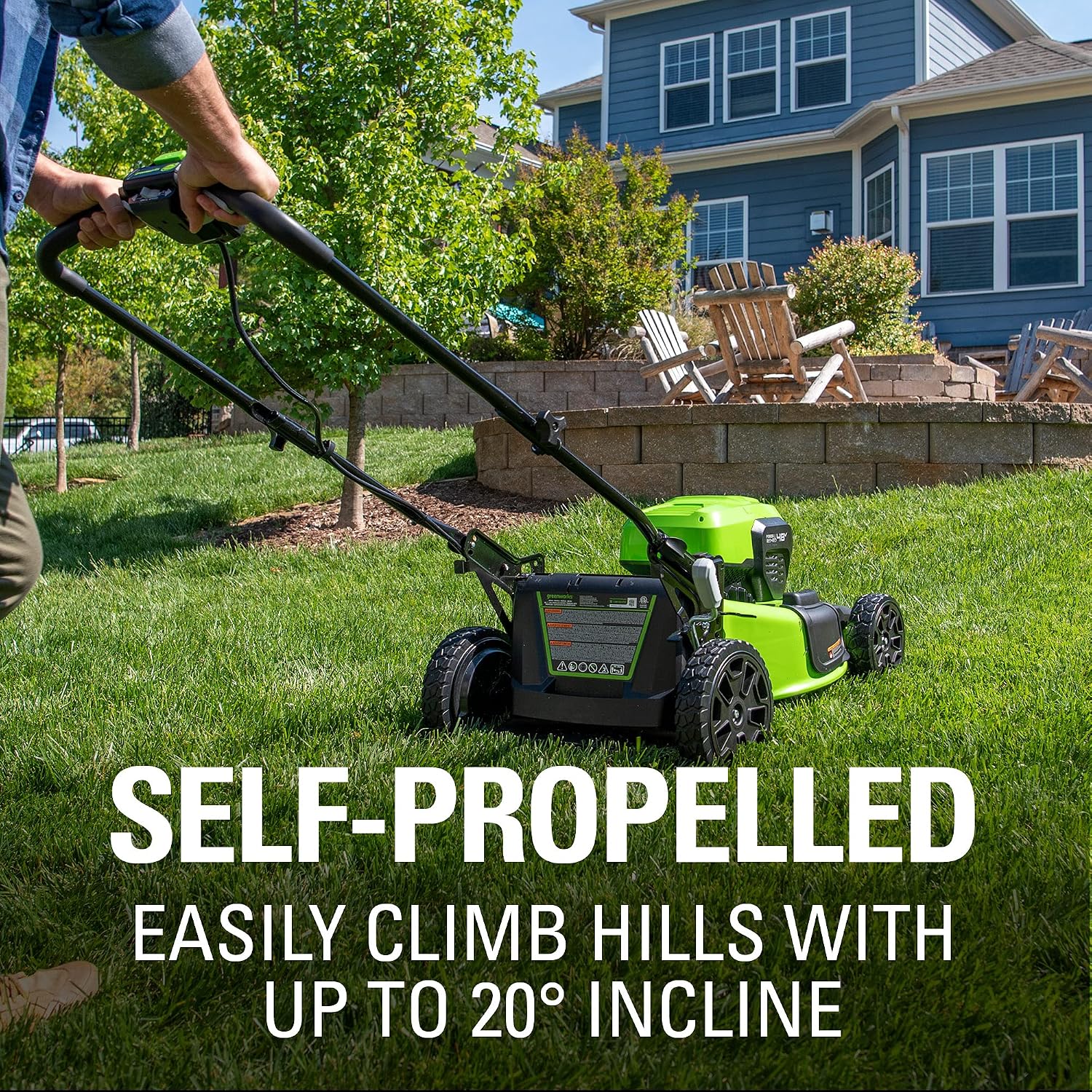 Greenworks 48V (24V x 2) 21' Brushless Cordless (Self-Propelled) Lawn Mower (LED Headlight), (2) 5.0Ah Batteries and Dual Port Rapid Charger Included (200+ Compatible Tools)