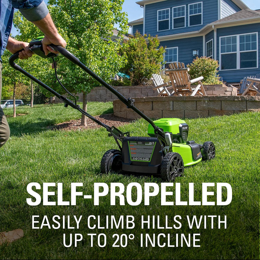 Greenworks 48V (24V x 2) 21' Cordless Battery Self-Propelled Mower & 320 CFM Blower Combo Kit w/ (2) 5.0Ah USB Batteries, (1) 2.0Ah Batter & Chargers