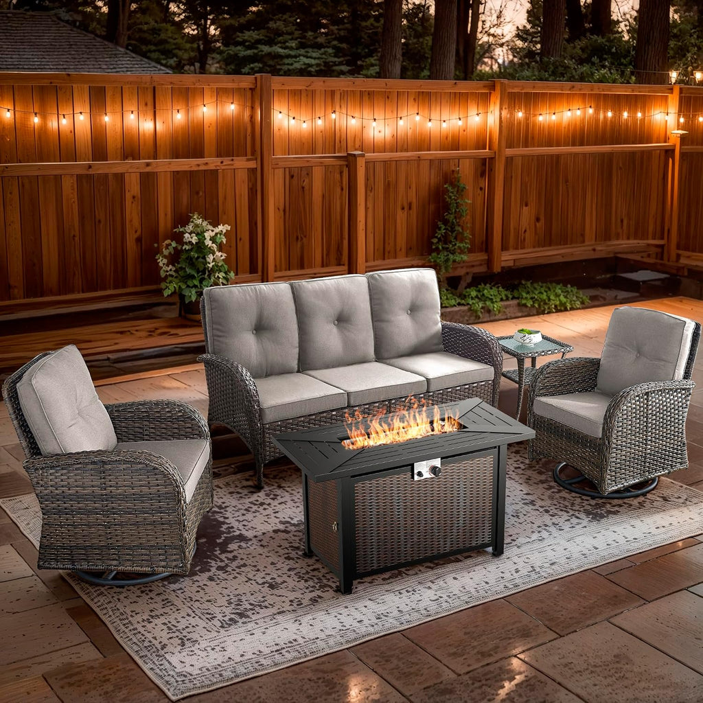 5 Piece Patio Furniture Set with Fire Pit Table - Wicker Patio Conversation Set with Swivel Glider, 3-Seat Sofa, Tempered Glass Side Table for Deck Backyard - Brown Wicker Beige Cushion