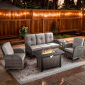 5 Piece Patio Furniture Set with Fire Pit Table - Wicker Patio Conversation Set with Swivel Glider, 3-Seat Sofa, Tempered Glass Side Table for Deck Backyard - Brown Wicker Beige Cushion