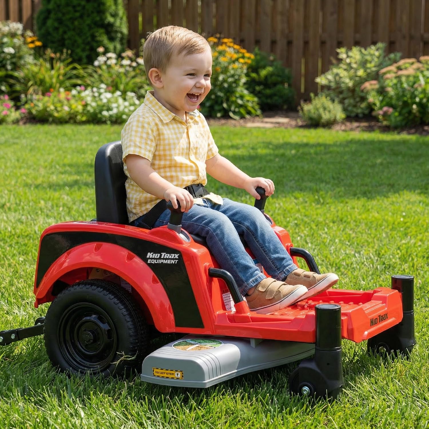 Kid Trax 12V Zero Turn Lawn Mower Jr. Ride on Toy - Riding Lawn Mower, Outdoor Toys, Kids Electric Car, Tractor Toy, Dual Handle, Twist and Turn, Speed to 2.5 MPH, Max Weight of 66lbs, Age 2-5, Red