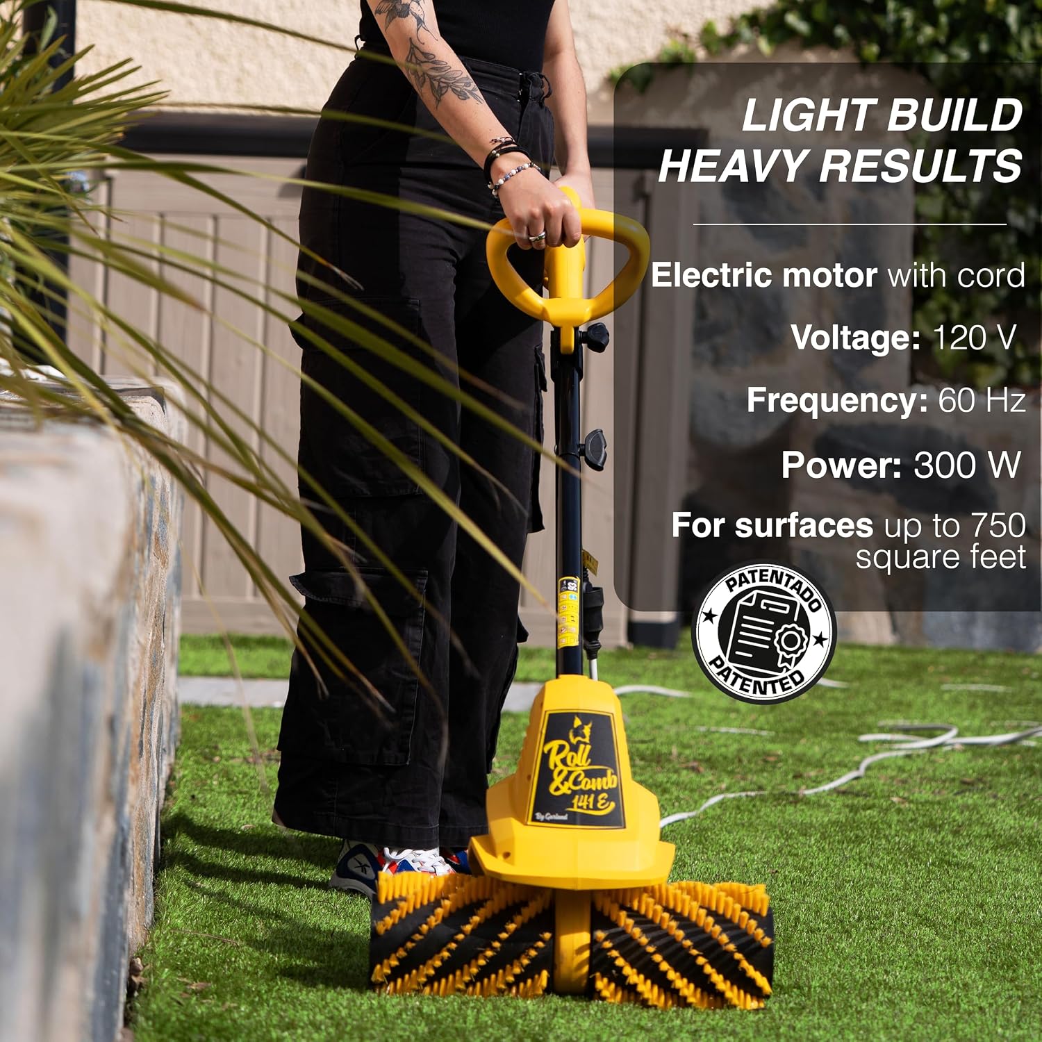 Artificial Turf Sweeper Broom by Roll & Comb, Corded Electric Power Rake for Artificial Grass, Fake Grass Cleaner for Dogs, Model 141e, 10.6lb.