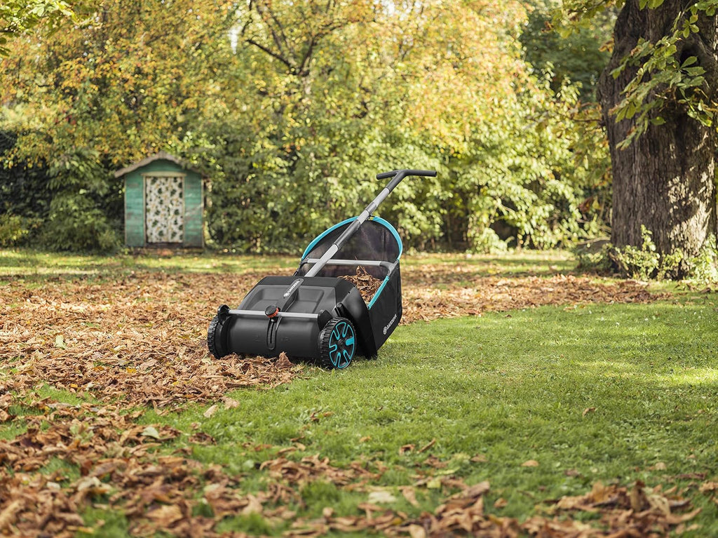 GARDENA Lawn & Leaf Collector Sweeper - Manual Lawn Sweeper - Large Capacity Hopper Bag - Adjustable Height Wide Brush Pickup - Easy to Maneuver Yard Debris Collector - Space Saving Storage - 03565