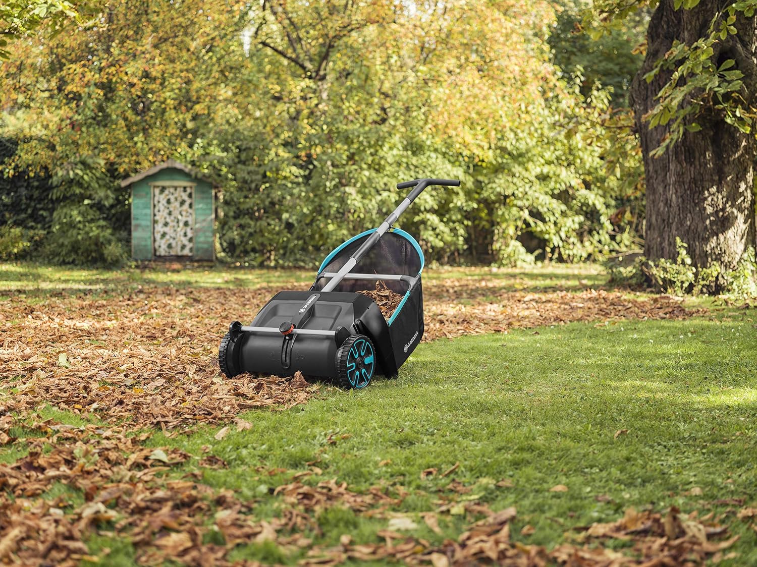 GARDENA Lawn & Leaf Collector Sweeper - Manual Lawn Sweeper - Large Capacity Hopper Bag - Adjustable Height Wide Brush Pickup - Easy to Maneuver Yard Debris Collector - Space Saving Storage - 03565