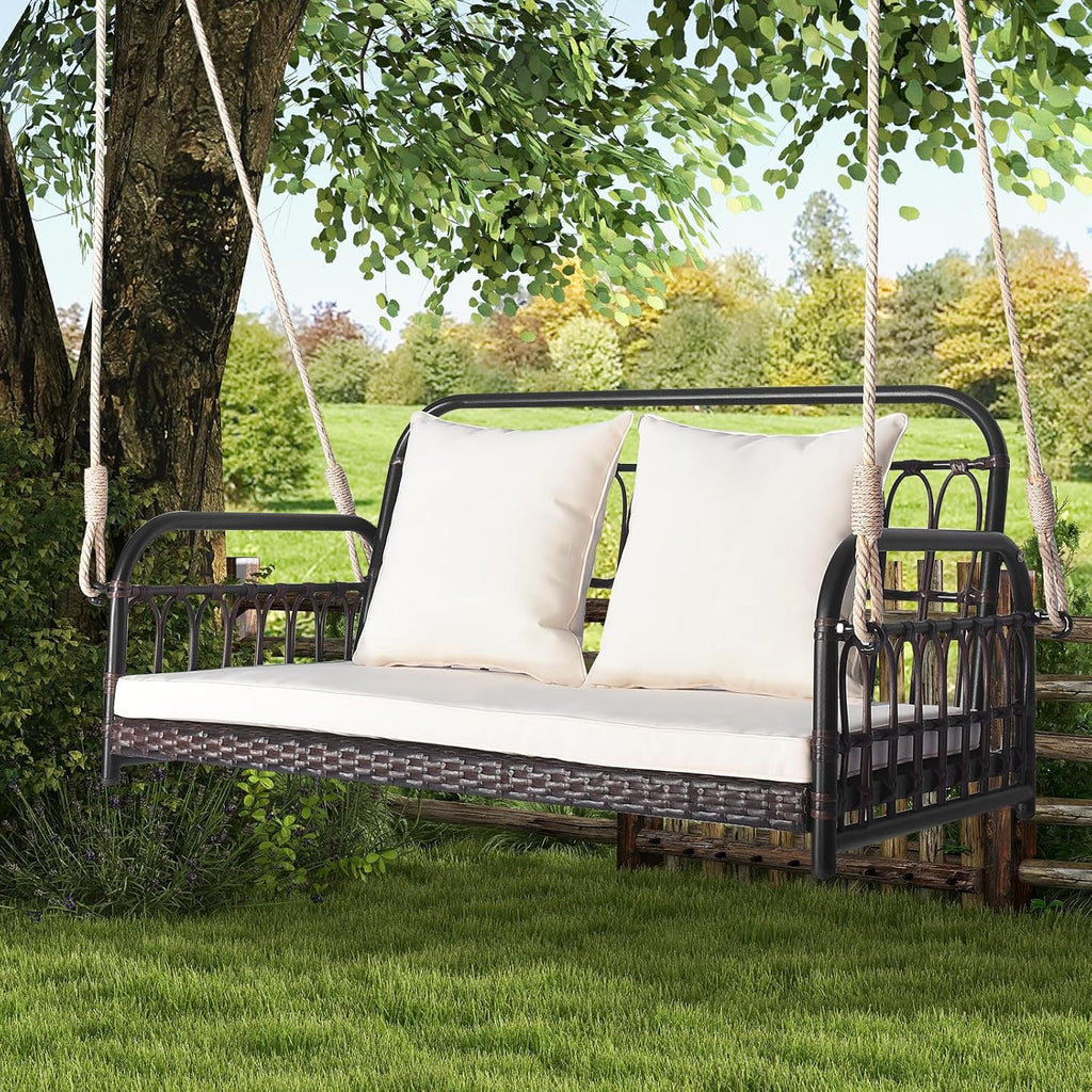 HAPPYGRILL Wicker Porch Swing, 2-Person Outdoor Patio Hanging Chair with Cushions, Metal Frame, Hanging Swing Bench with Ropes for Garden Backyard, 880 LBS Weight Capacity