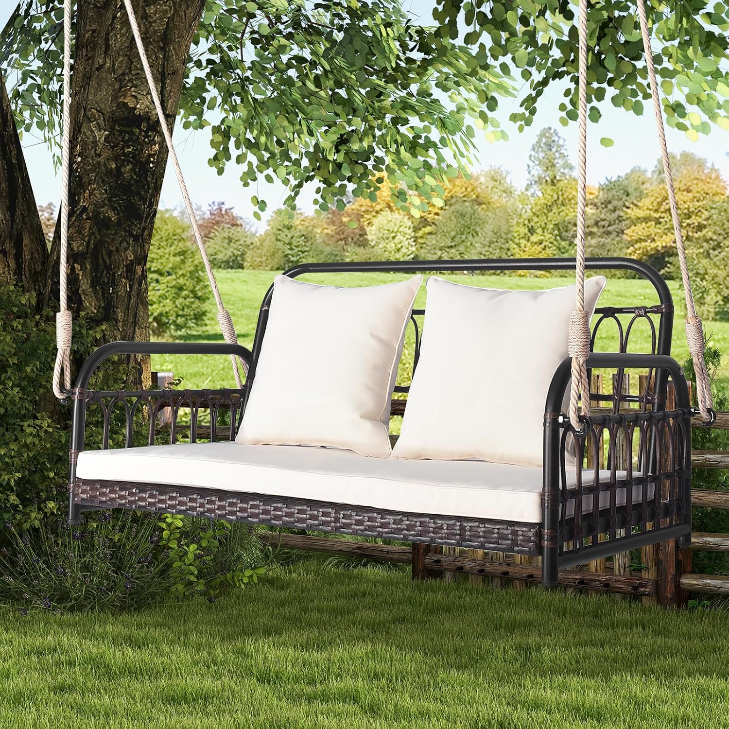 HAPPYGRILL Wicker Porch Swing, 2-Person Outdoor Patio Hanging Chair with Cushions, Metal Frame, Hanging Swing Bench with Ropes for Garden Backyard, 880 LBS Weight Capacity