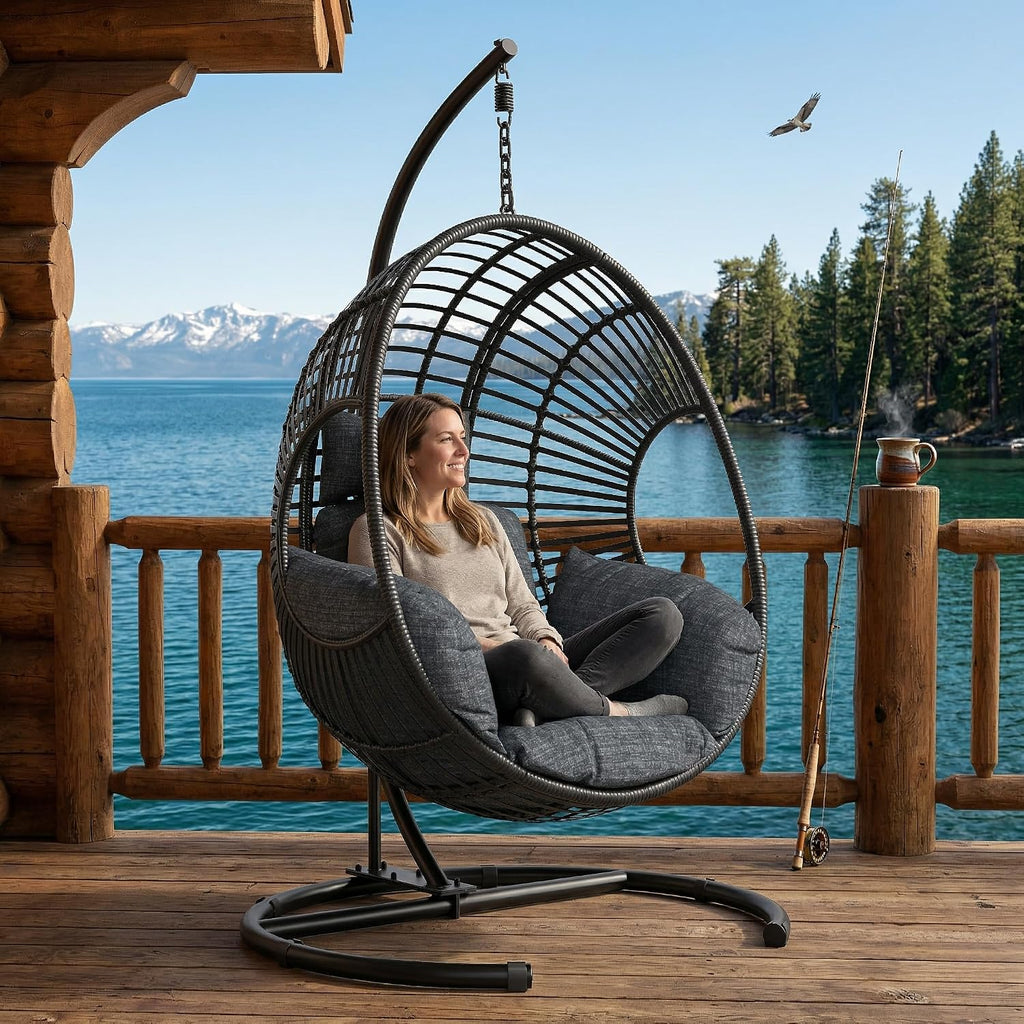 KEIKI Hanging Egg Chair with Stand Outdoor, 400LBS Capacity Patio Swing Chair with Cushion, Weatherproof PE Rattan Hammock Chair for Bedroom Balcony Garden, Waterproof Cover Included, Grey