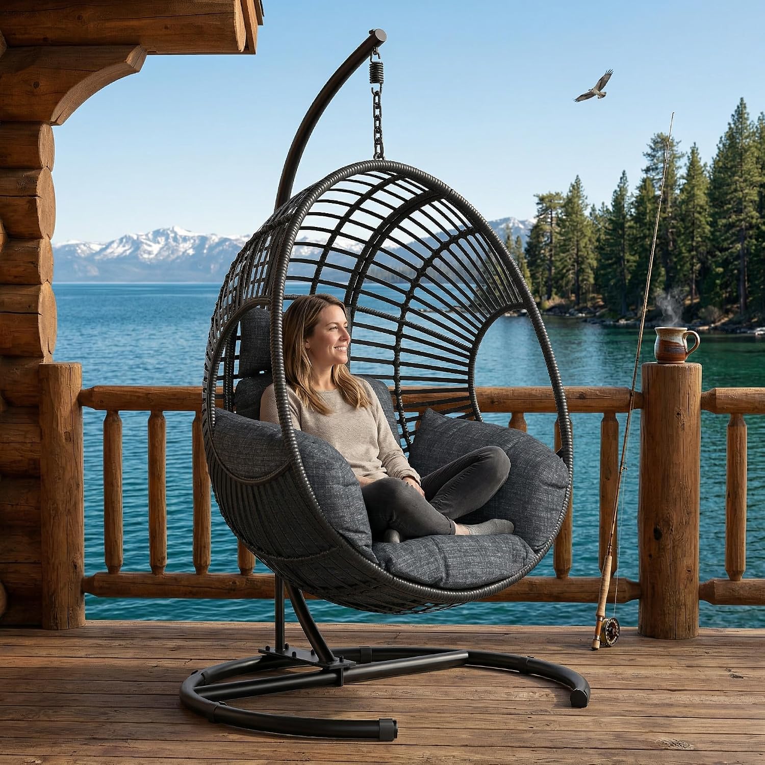 KEIKI Hanging Egg Chair with Stand Outdoor, 400LBS Capacity Patio Swing Chair with Cushion, Weatherproof PE Rattan Hammock Chair for Bedroom Balcony Garden, Waterproof Cover Included, Grey