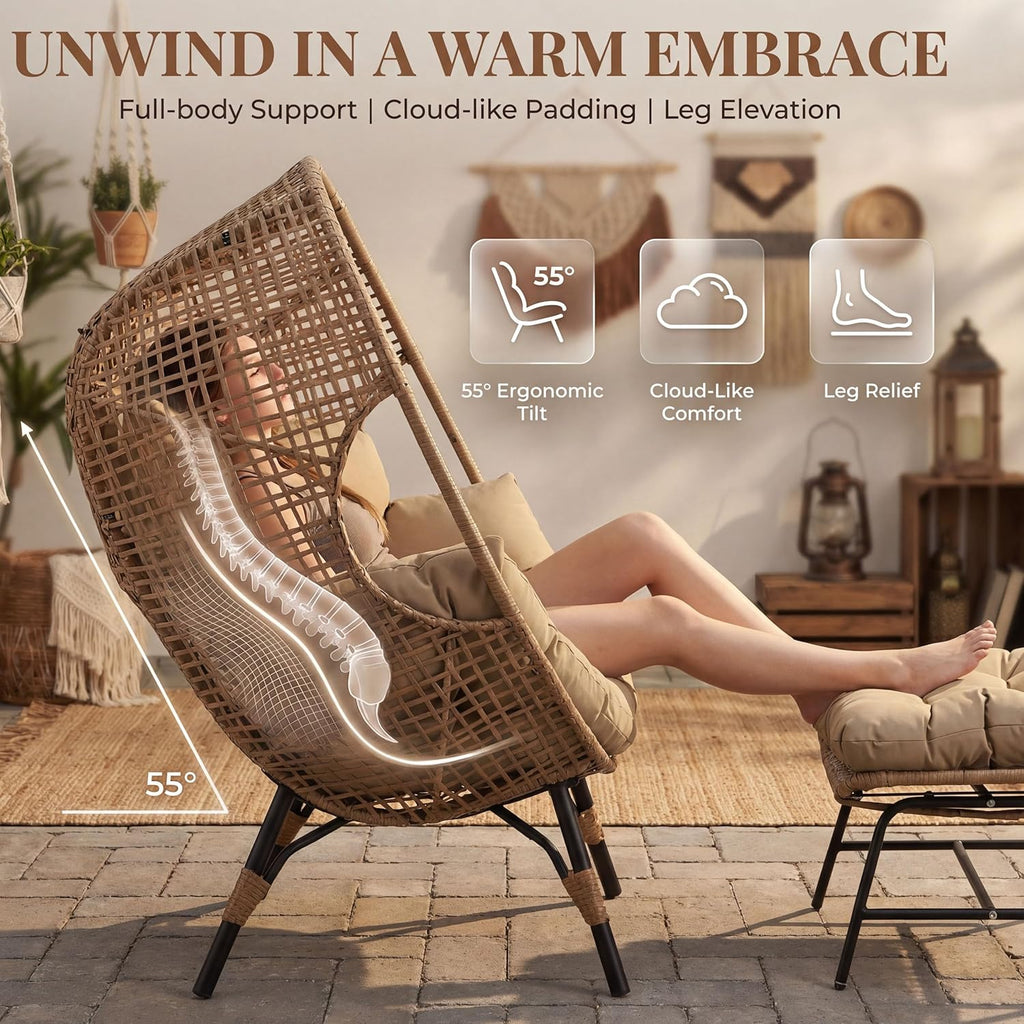 NICESOUL Indoor Outdoor Stationary Wicker Egg Chair w/Footrest, Extra Large Egg-Seat w/Cushion, 440lbs Egg-Shape Lounge Chair with Legs, Cozy Boho Rattan Chair for Patio, Balcony, Sunroom, Brown