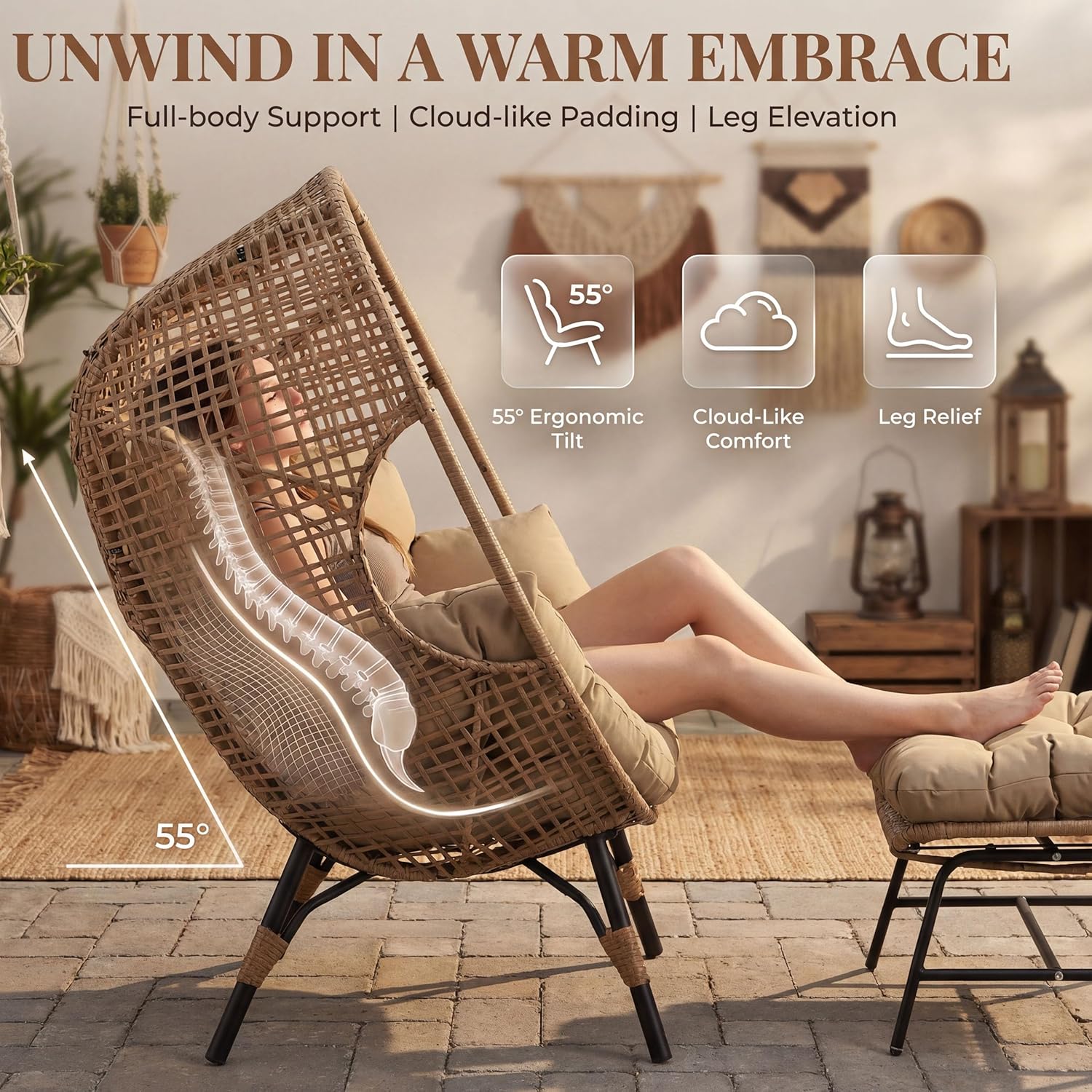 NICESOUL Indoor Outdoor Stationary Wicker Egg Chair w/Footrest, Extra Large Egg-Seat w/Cushion, 440lbs Egg-Shape Lounge Chair with Legs, Cozy Boho Rattan Chair for Patio, Balcony, Sunroom, Brown