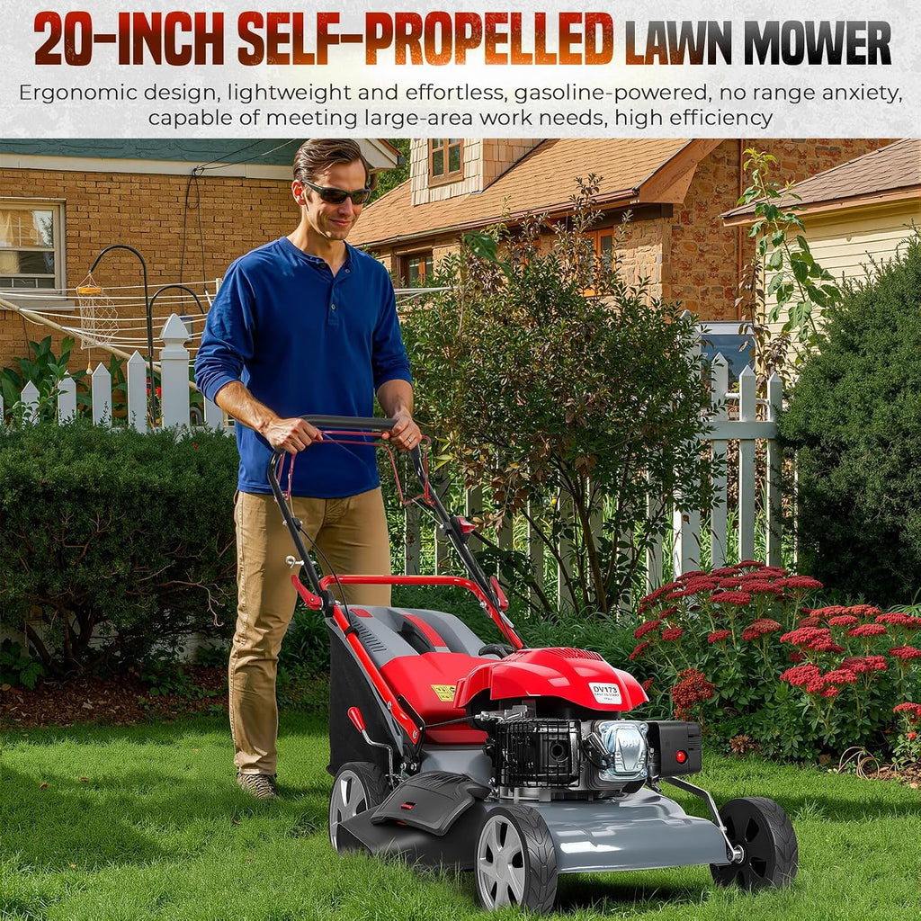 Lawn Mower Gas Powered, Gas Mower with 60l Grass Bag Big Wheels, 173cc Gas Engine 3 in 1 Mulching, Bagging & Side Discharge Self Propelled Walk-Behind Push Mower for Hills 2800RPM (Upgraded 02)