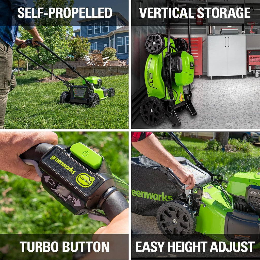 Greenworks 48V (24V x 2) 21' Cordless Battery Self-Propelled Lawn Mower w/Two (2) 5.0Ah USB Batteries & Charger 24V 12' Cordless Battery String Trimmer/Edger (Tool Only) Kit
