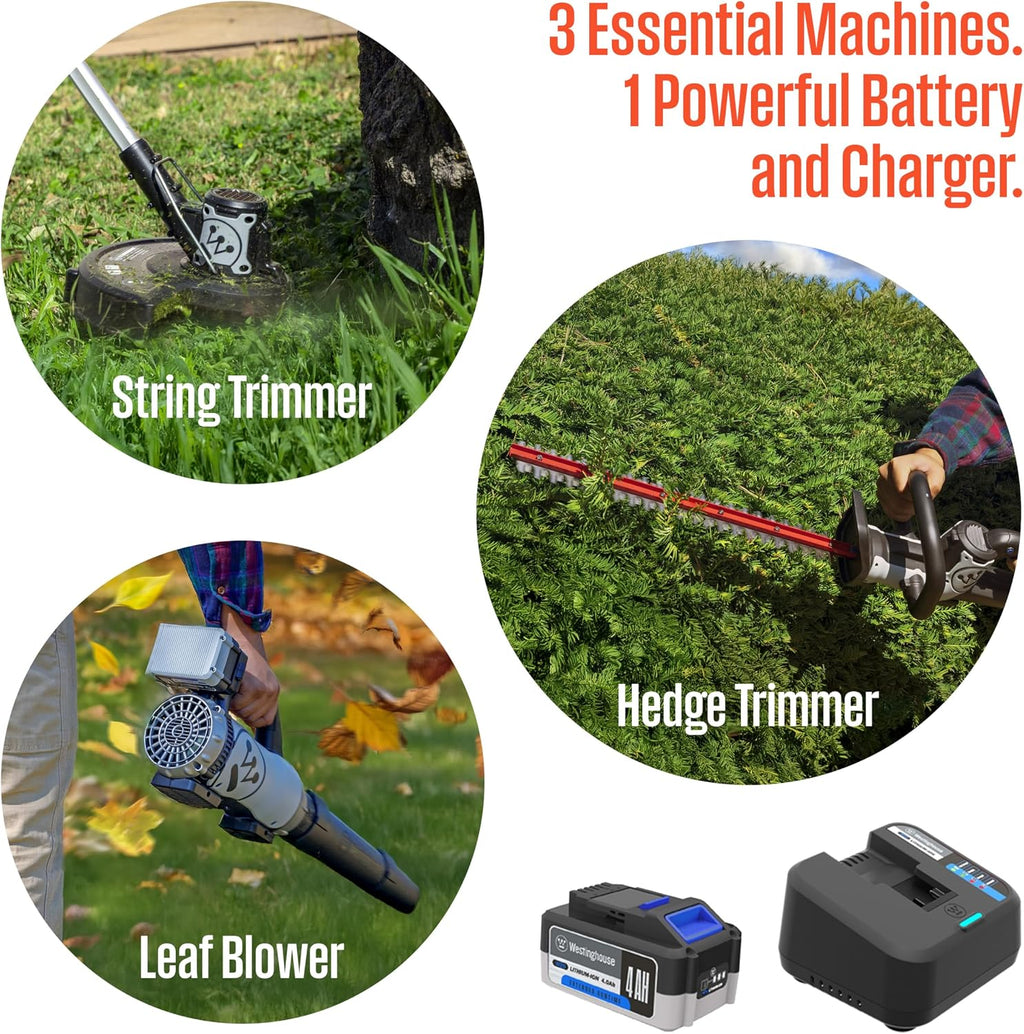 Westinghouse 20V Cordless Leaf Blower, 350 CFM, 110 MPH + 22' Cordless Hedge Trimmer, Dual-Action Steel Blades + 2-in-1 Cordless String Trimmer & Edger, 12' Cutting Path with 4.0Ah Battery & Charger