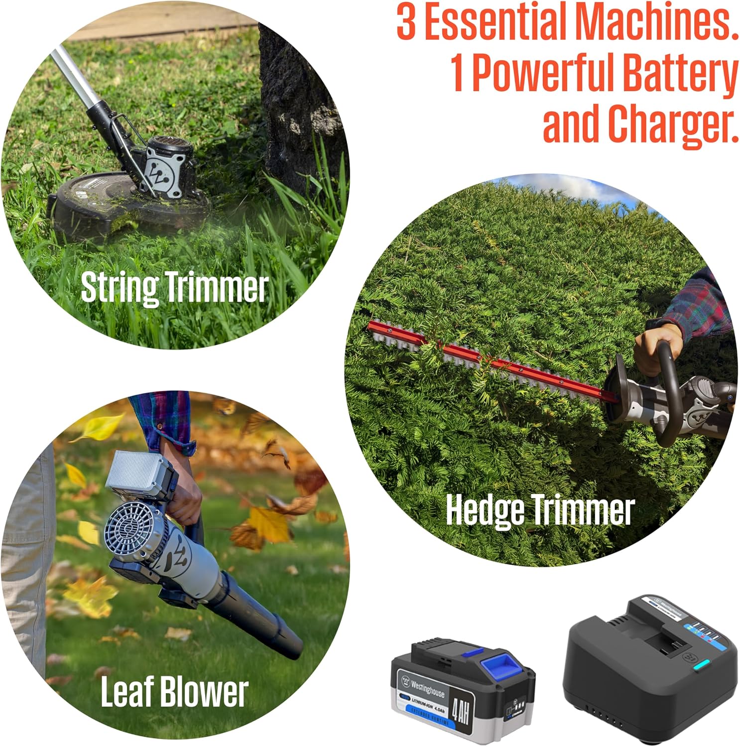 Westinghouse 20V Cordless Leaf Blower, 350 CFM, 110 MPH + 22' Cordless Hedge Trimmer, Dual-Action Steel Blades + 2-in-1 Cordless String Trimmer & Edger, 12' Cutting Path with 4.0Ah Battery & Charger