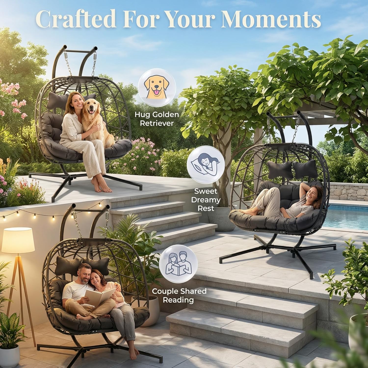 RADIATA 2 Person Hanging Egg Chair with Stand, Extra Large Cozy Outdoor Double Swing Chairs, Oversized Hammock Chair, Indoor Patio Wicker Loveseat with Cushion for Backyard Balcony, Dark Gray