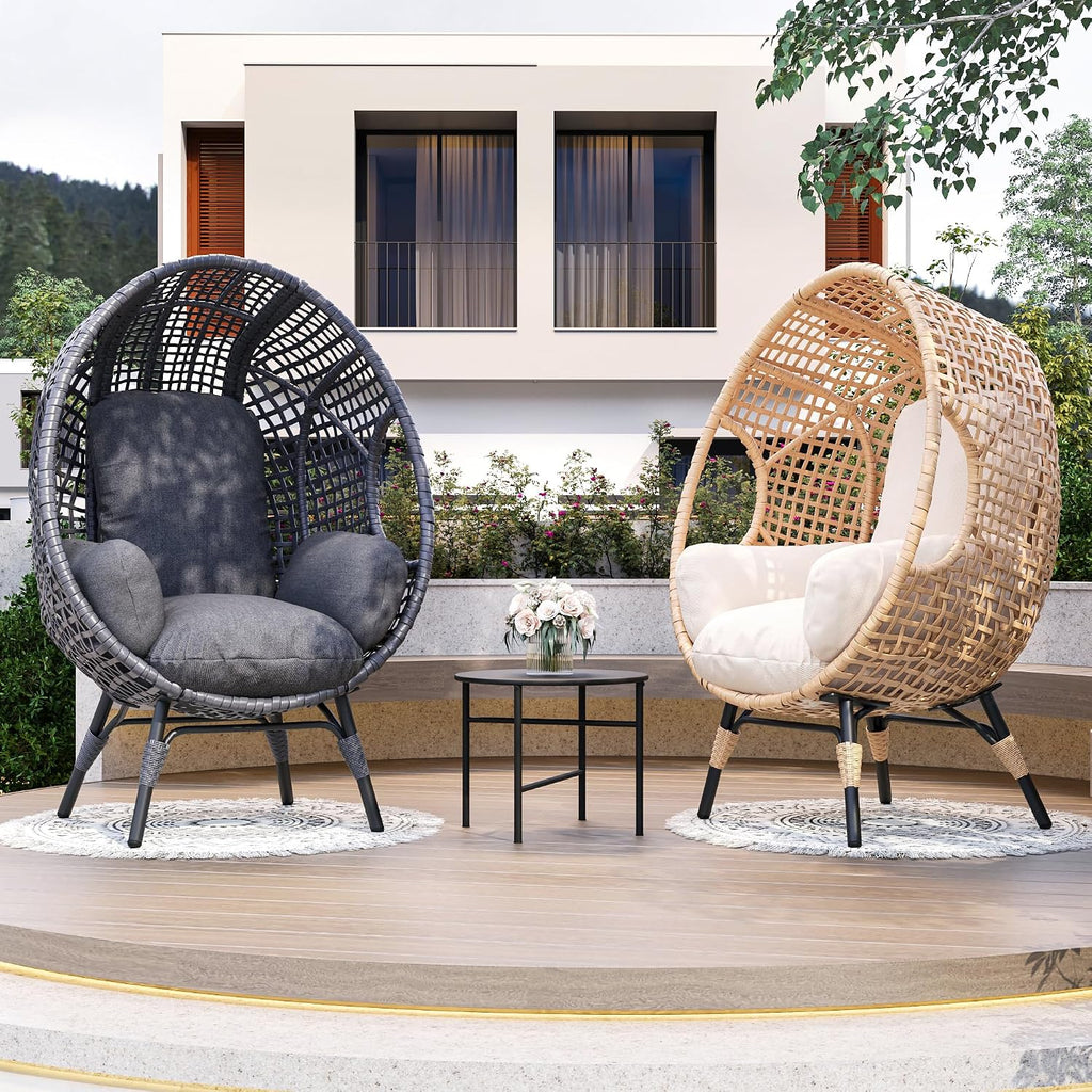 Oversized Wicker Egg Chair Outdoor Indoor Rattan Patio Egg Lounge Chairs with Cushion 500lbs Capacity for Living Room, Balcony, Backyard(Beige)