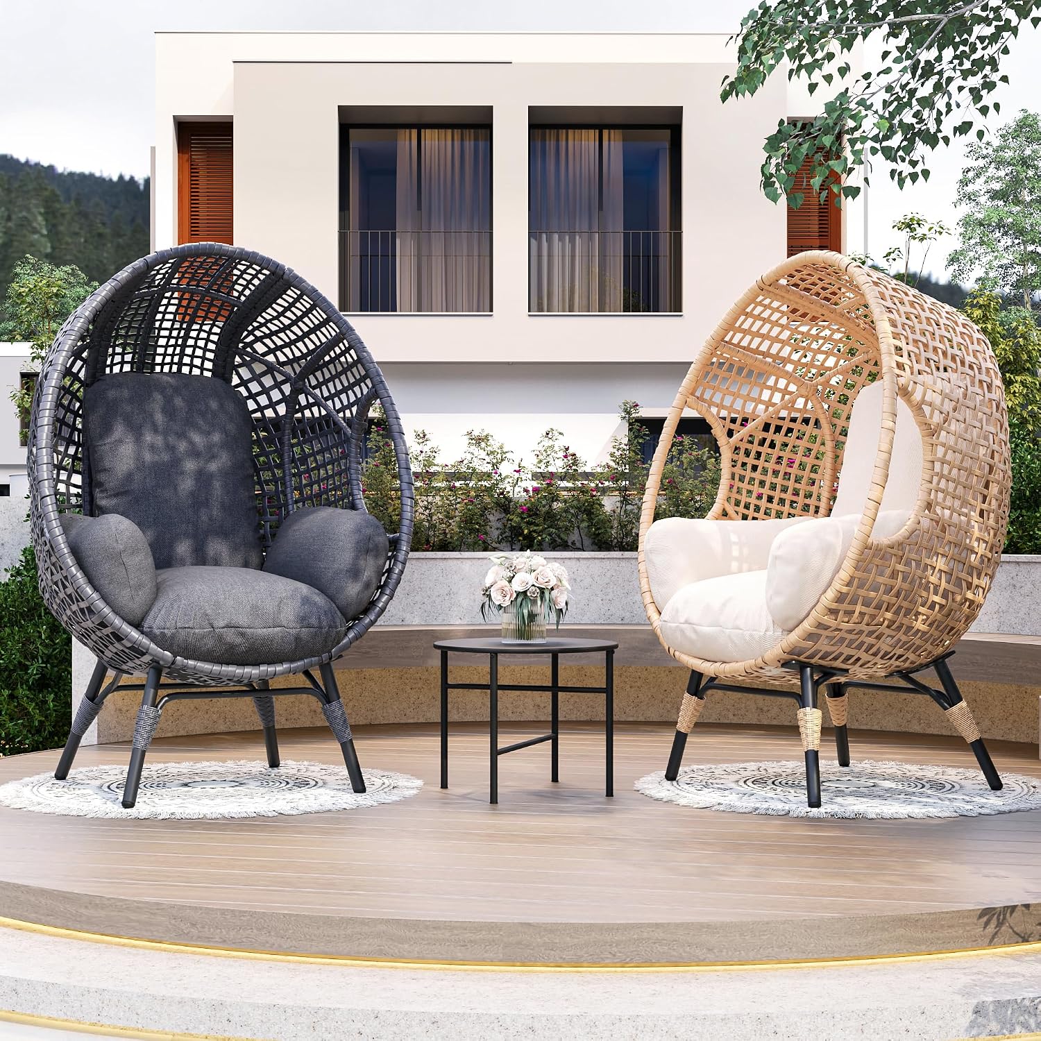 2 pcs Oversized Wicker Egg Chair Outdoor Indoor - Rattan Patio Egg Lounge Chairs with Cushion 500lbs Capacity for Living Room, Balcony, Backyard