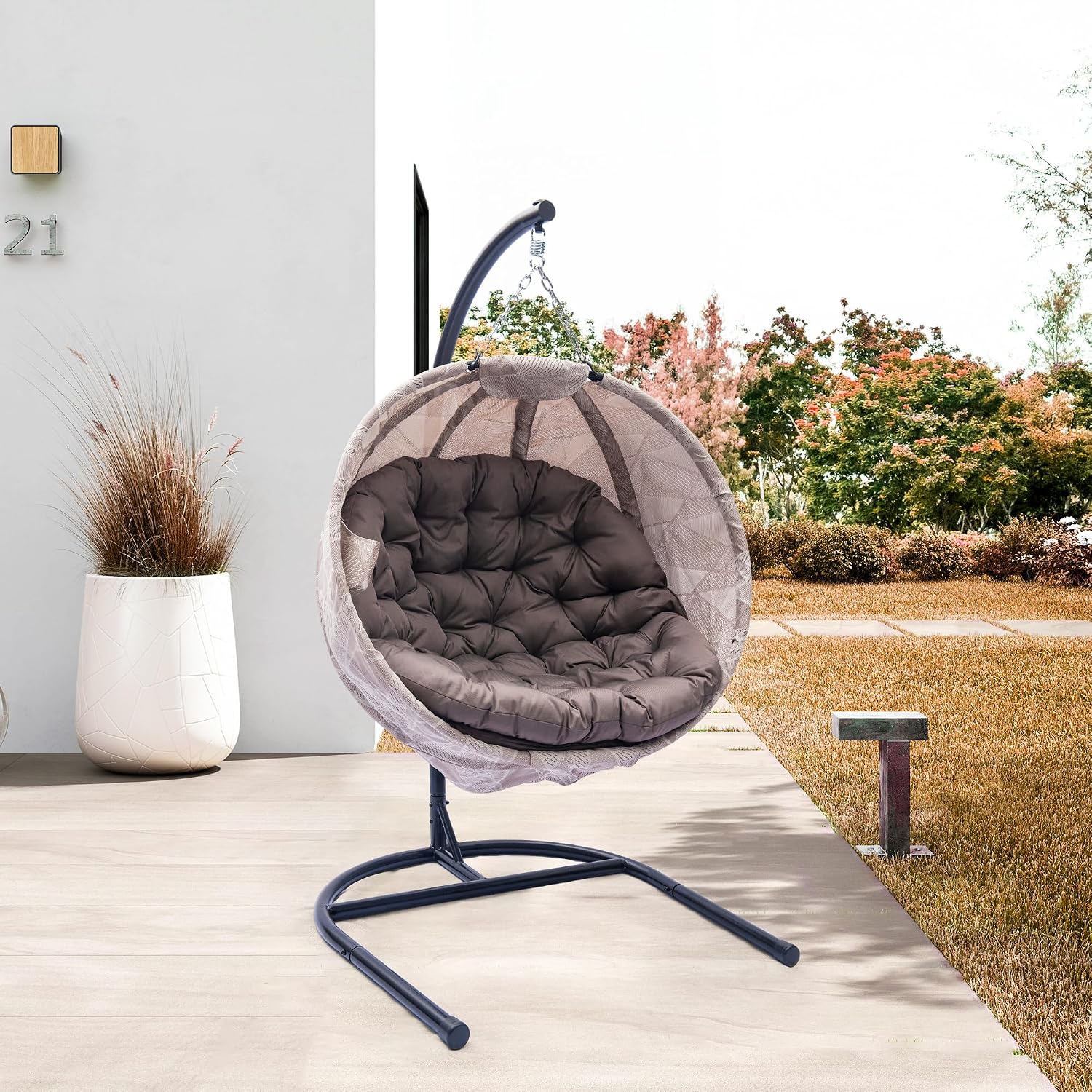 Hanging Egg Chair with Stand - Hanging Ball Chair W/Plush Cushions,Weather-Resistant Fabric, Indoor Outdoor Foldable Swing Chair for Patio, Balcony, Yard & Living Room (Brown & White)