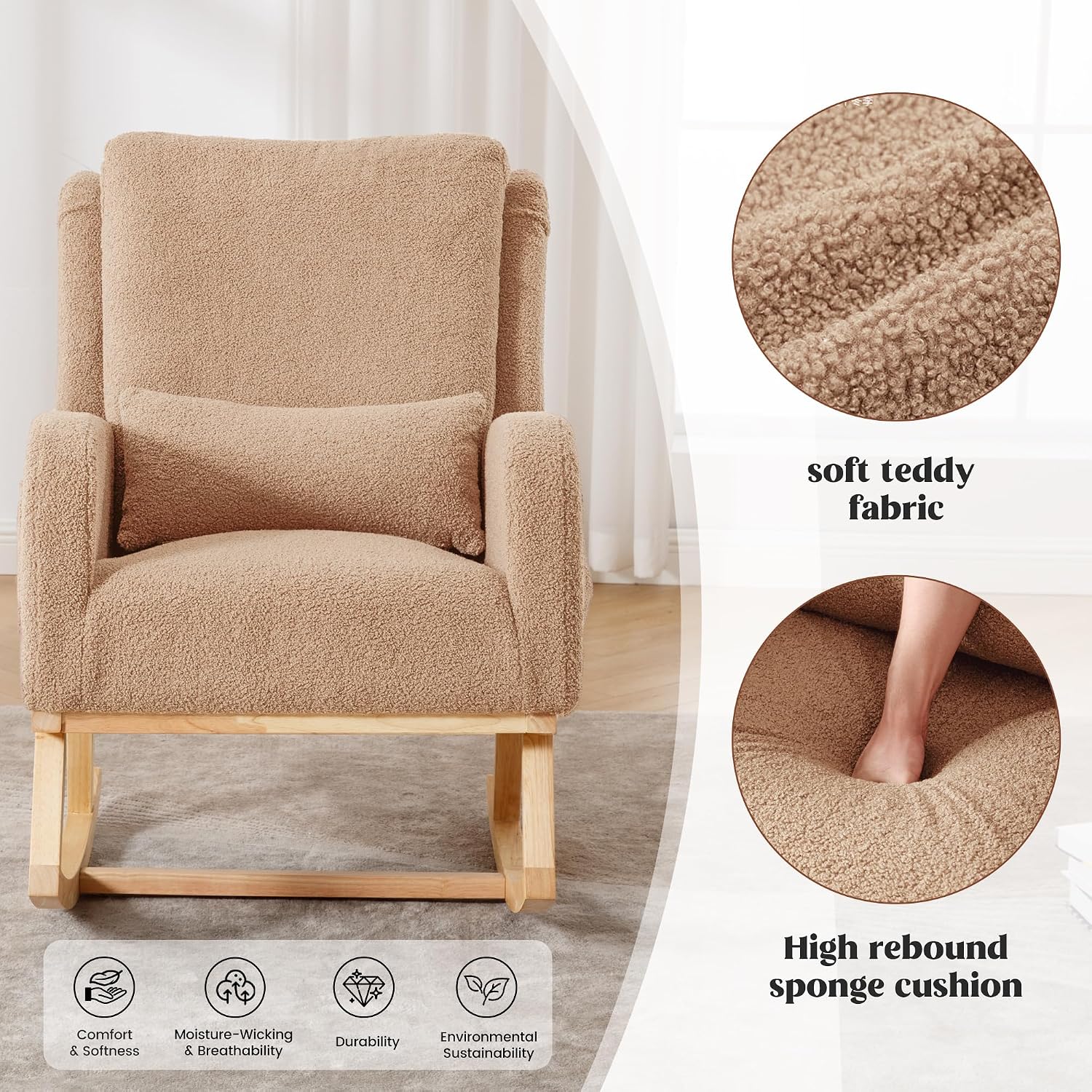 HCHAIRH Rocking Chair Nursery, Boucle Nursing Rocking Chairs, Upholstered Nursery Glider Rocker Wingback Morden Rocking Chair with Lumbar Pillow for Mom Nursery, Living Room, Bedroom, Teddy Khaki