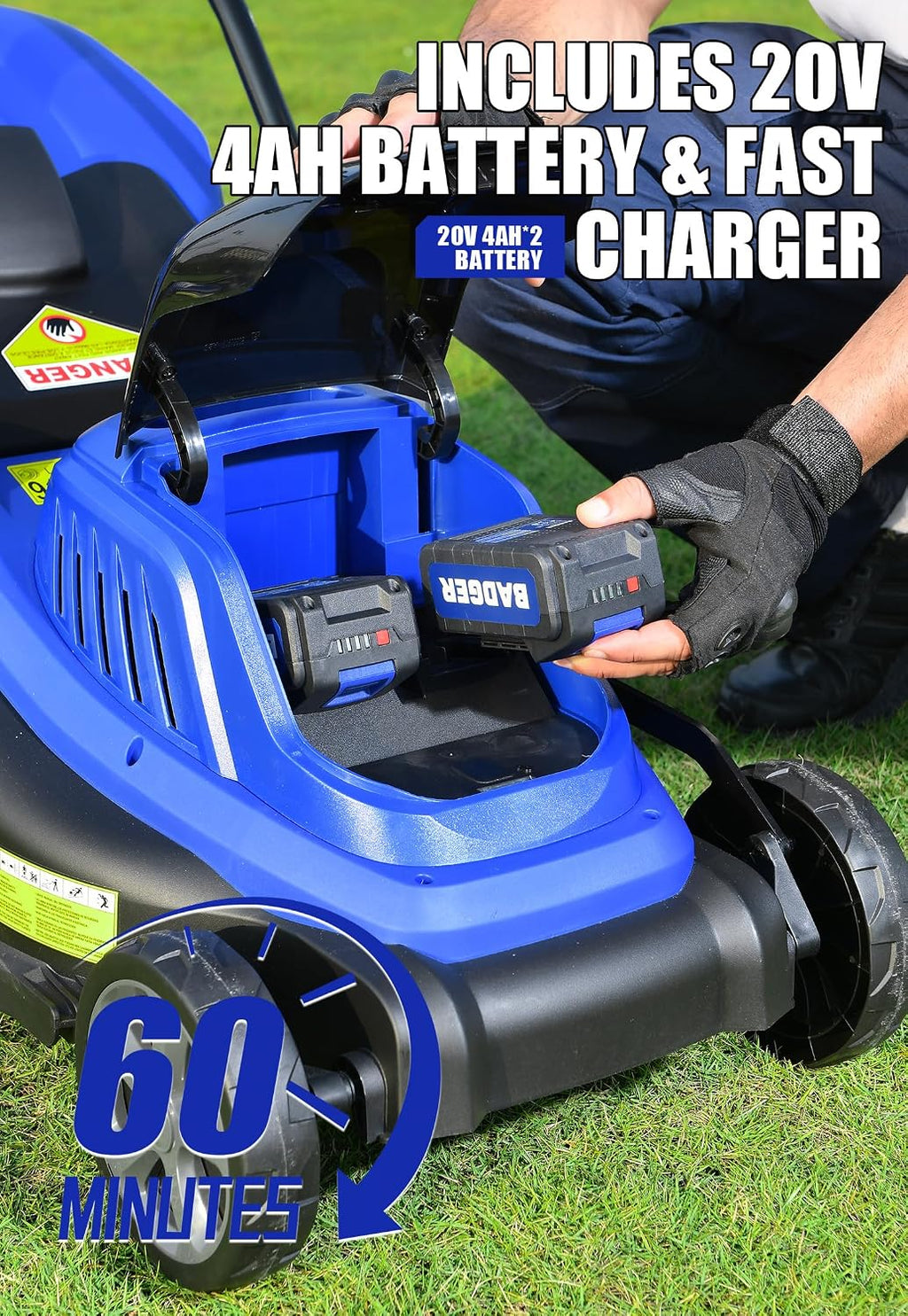 Wild Badger Power 40V 16″ Cordless Lawn Mower Brushless, 5,445 sq ft/0.125 ac,2×4.0Ah Battery & Fast Charger, 5-Position Height,for Small Residential Lawns