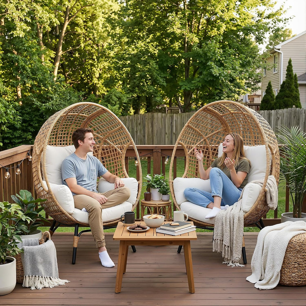 2 pcs Oversized Wicker Egg Chair Outdoor Indoor - Rattan Patio Egg Lounge Chairs with Cushion 500lbs Capacity for Living Room, Balcony, Backyard