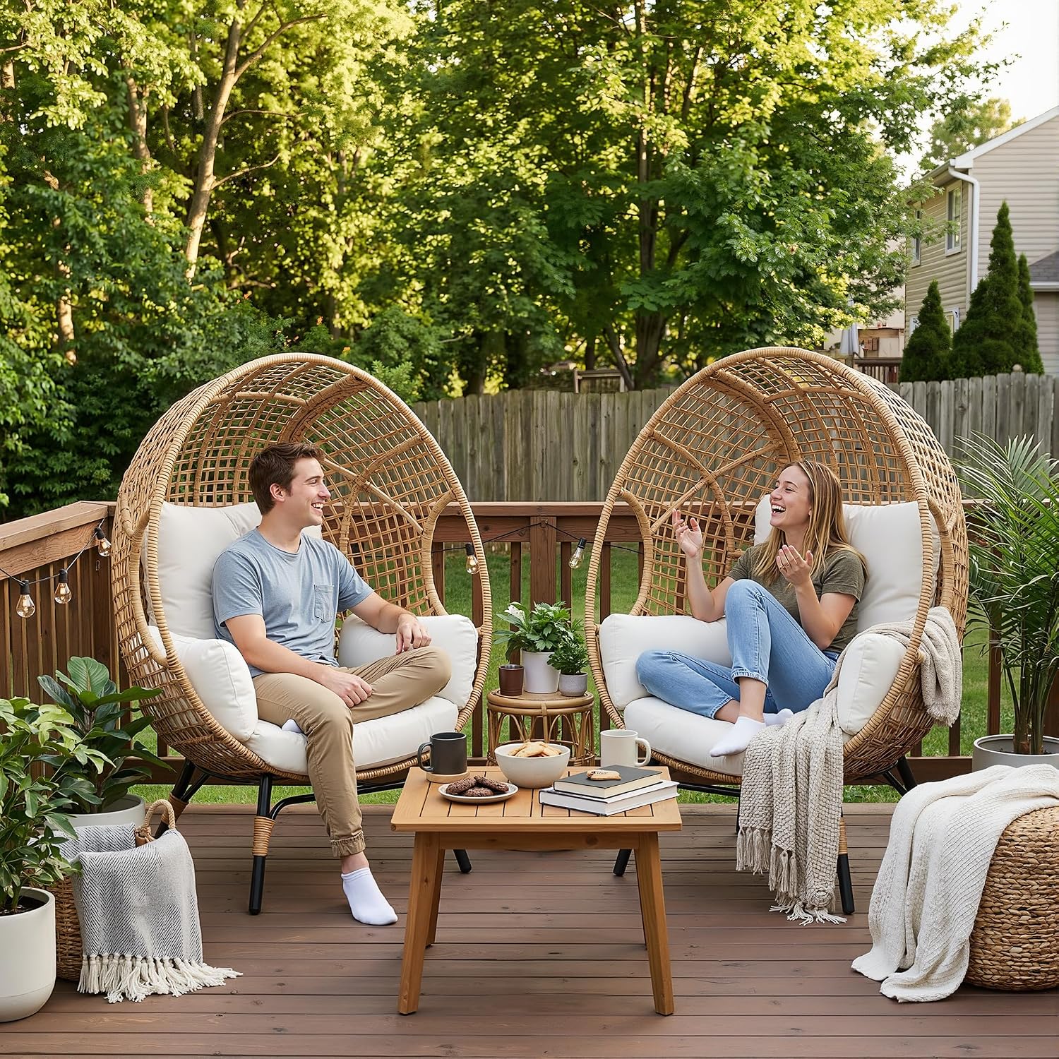 2 pcs Oversized Wicker Egg Chair Outdoor Indoor - Rattan Patio Egg Lounge Chairs with Cushion 500lbs Capacity for Living Room, Balcony, Backyard