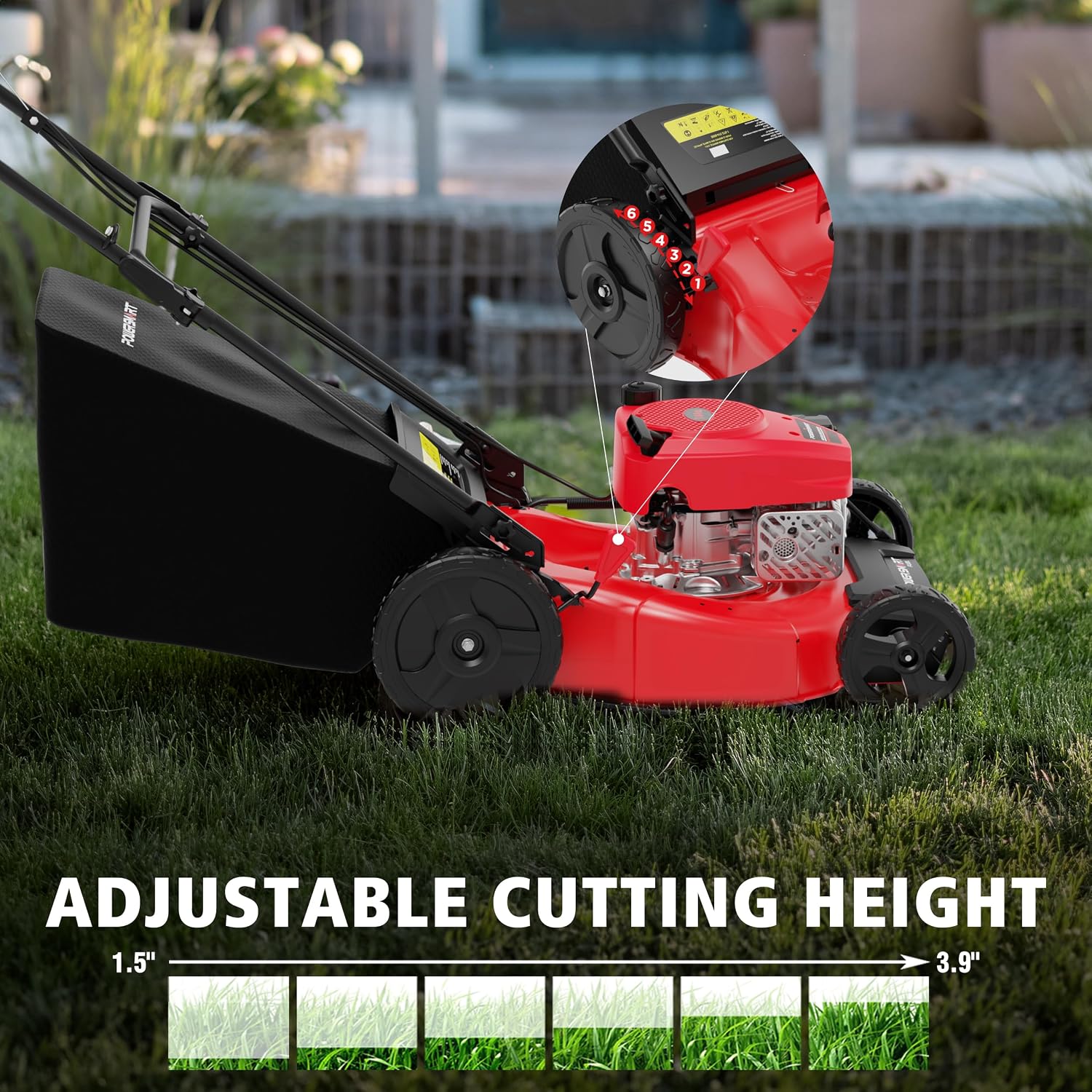 PowerSmart 21-Inch Gas Push Lawn Mower with B&S Engine, 3-in-1 (Bag/Mulch/Rear Discharge),6 Cutting Heights, Durable Steel Deck, Rear-Wheel Drive