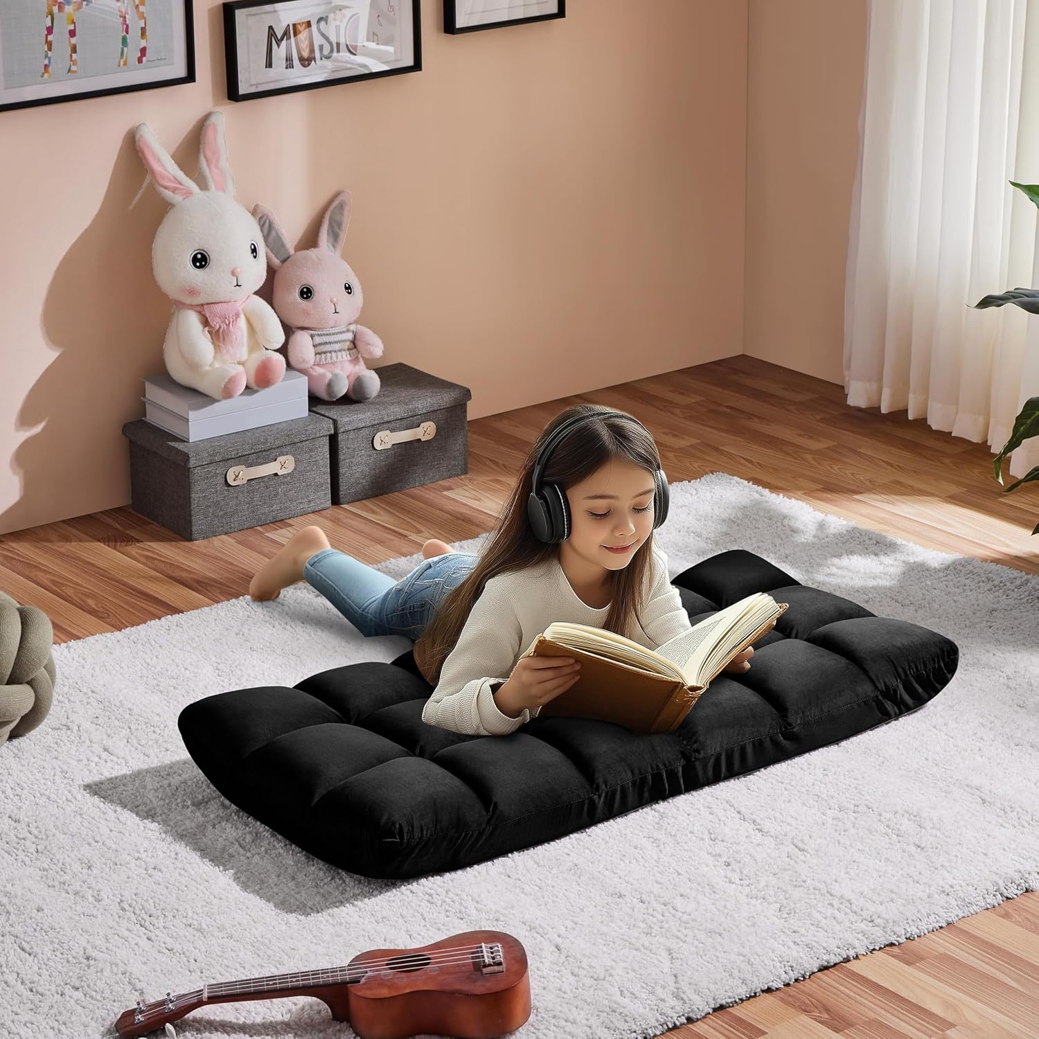 Yaheetech Floor Chair, Meditation Chair with Back Support Gaming Floor Lounger with 14 Adjustable Position for Adult, Black, 2pcs