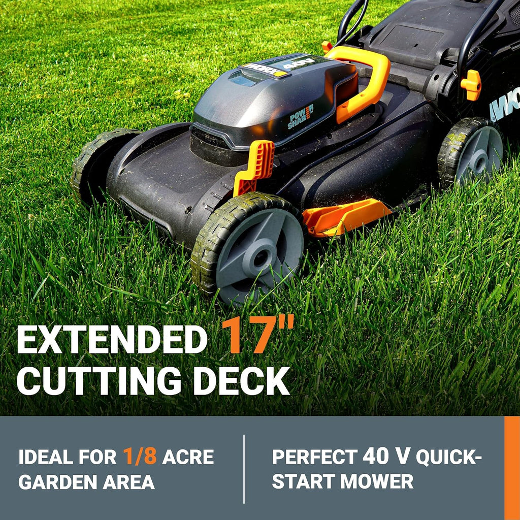 WORX 17' Cordless Lawn Mower, 2 in 1 Electric Mower Cuts Quietly, Compact & Lightweight Push Lawn Mower with 7-Position Height Adjustment for Small Yards, 2 Batteries & Charger Included, WG743