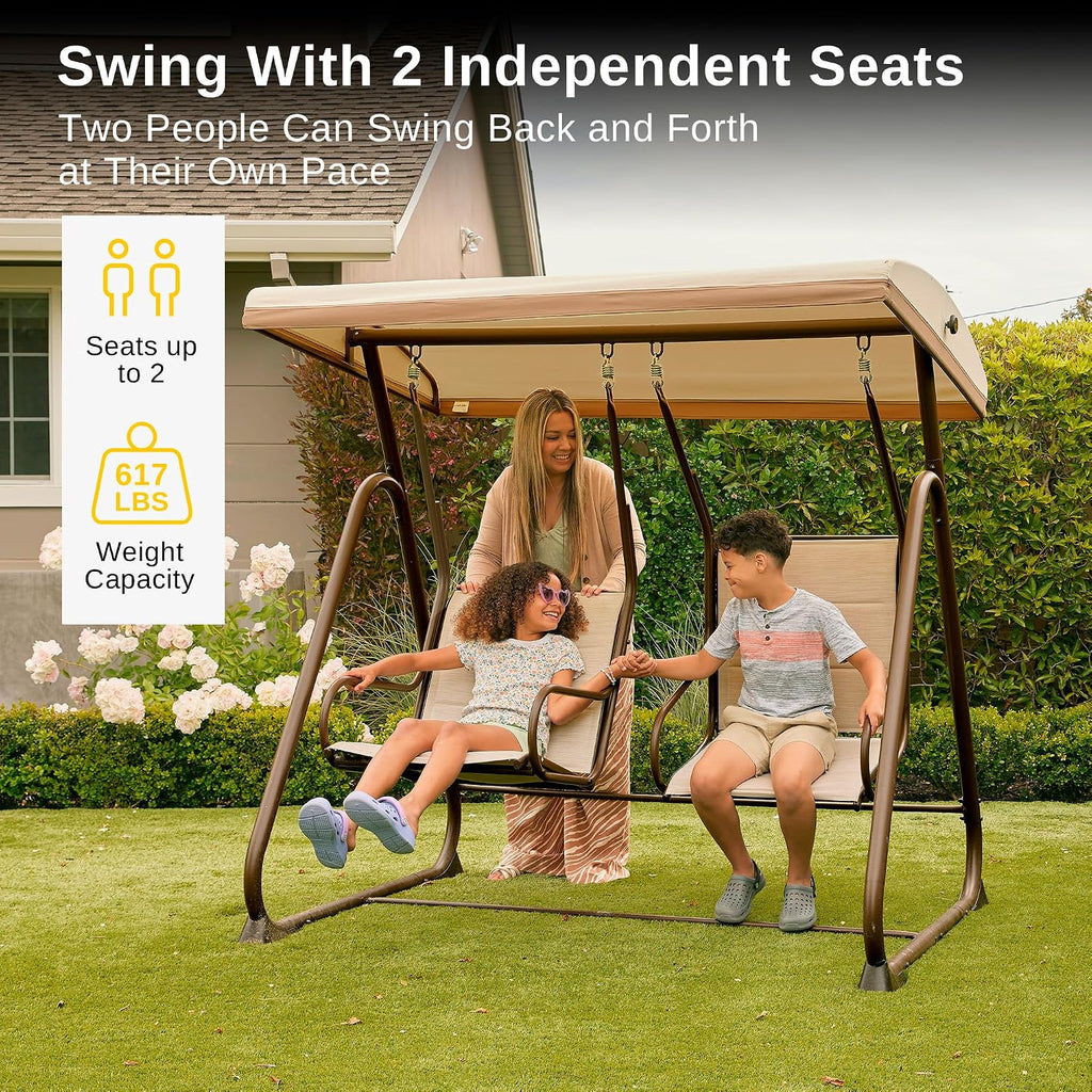 East Oak 2-Person Outdoor Patio Swing Chair with Adjustable Canopy, Porch Swing with Comfortable and Breathable Seats, Independent Swing Chairs for Garden, Balcony, Backyard, Chestnut Brown