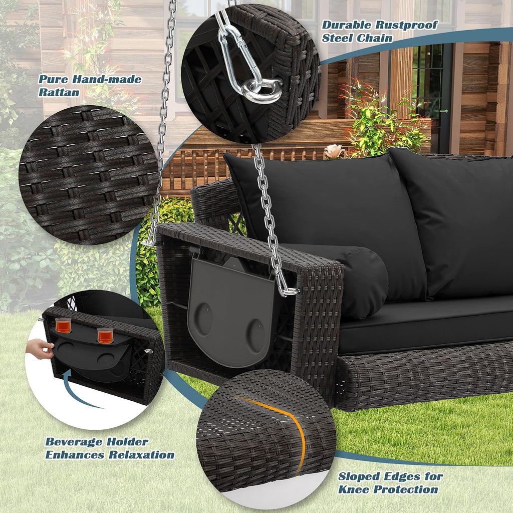Wicker Porch Swing, 3-Seats Rattan Hanging Swing Chair, Patio Grey Rattan Swings, Outdoor Swing Bench with Cushion for Patio Backyard Poolside Garden, Black