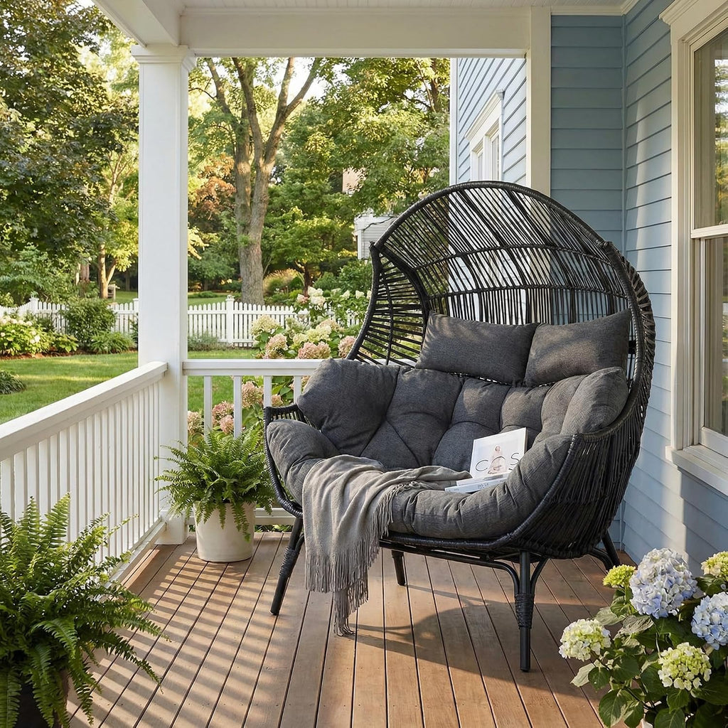 IRONCK Egg Chair Indoor Outdoor, 2 Person Double Egg Loveseat Chair, Oversized Thickened Padded Headrests and Cushions, 680 lbs Wicker Lounge for Balcony, Patio, Garden, Black and Gray