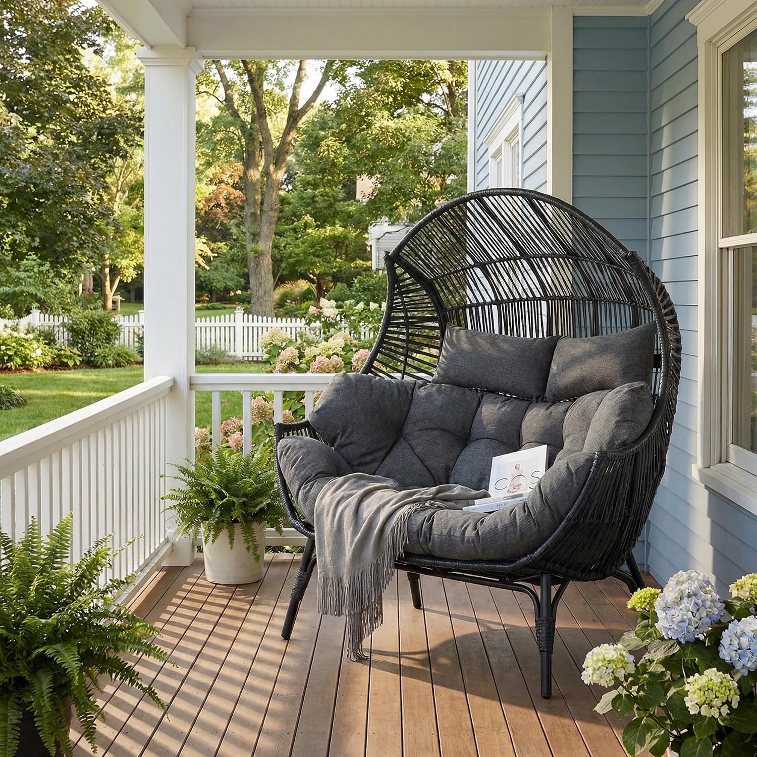 IRONCK Egg Chair Indoor Outdoor, 2 Person Double Egg Loveseat Chair, Oversized Thickened Padded Headrests and Cushions, 680 lbs Wicker Lounge for Balcony, Patio, Garden, Black and Gray