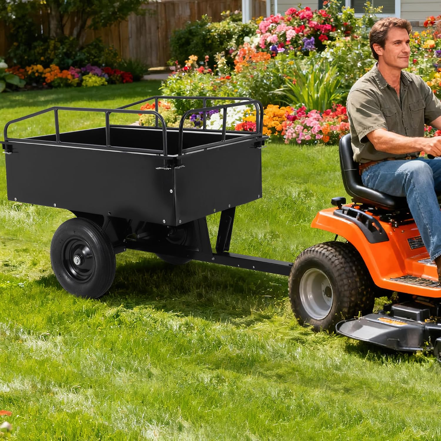 Garvee 750 LB Heavy Duty Steel Dump Cart Trailer - 15 Cu Ft Capacity Tow Behind Utility Trailer for ATV, Lawn Tractor, Riding Mower - Removable Tailgate & Raised Side Rails, Black