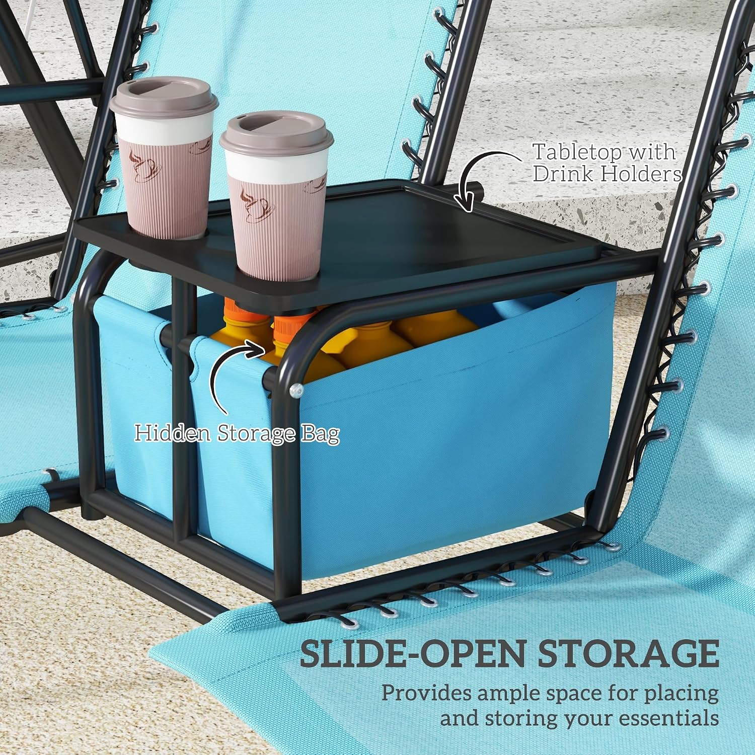 Outsunny 2-Seat Patio Swing Chair, Outdoor Canopy Swing Glider with Pivot Storage Table, Cup Holder, Adjustable Shade, Bungie Seat Suspension and Weather Resistant Steel Frame, Blue