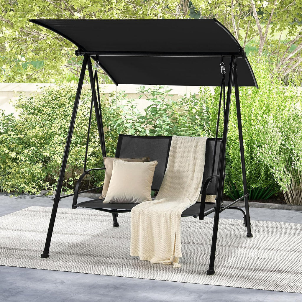 HAPPYGRILL 2-Person Outdoor Swing with Canopy, Patio Porch Swing Chair with Heavy-Duty Metal Frame, Breathable Seat Fabric, Patio Loveseat Swing for Backyard, Balcony, Poolside
