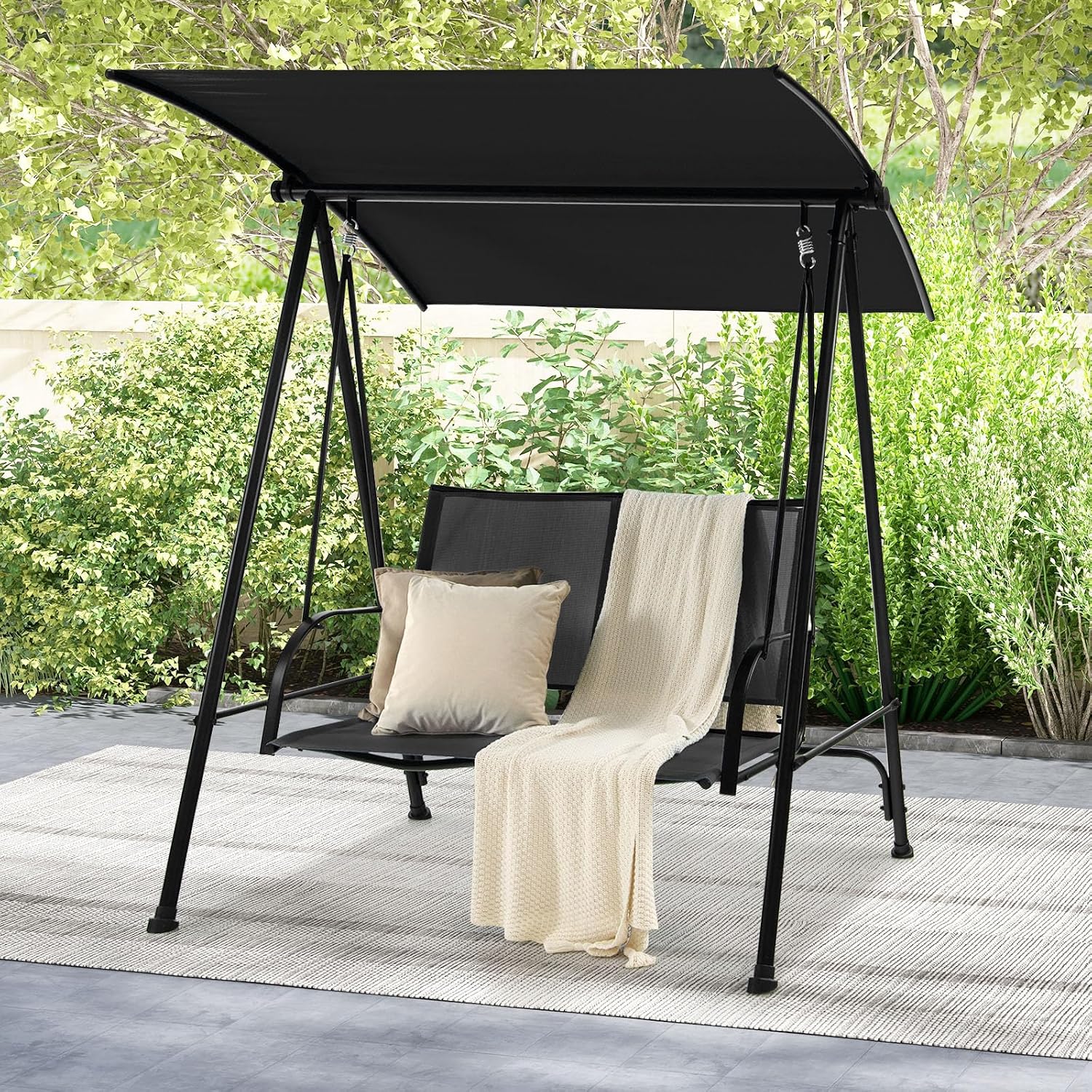HAPPYGRILL 2-Person Outdoor Swing with Canopy, Patio Porch Swing Chair with Heavy-Duty Metal Frame, Breathable Seat Fabric, Patio Loveseat Swing for Backyard, Balcony, Poolside