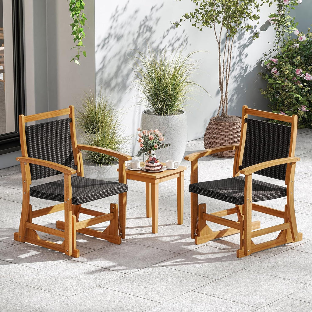 Tangkula Patio Rattan Glider Chair, Swing Gliding Rocker w/Acacia Wood Frame & Wicker Seat Back, Outdoor Rocking Armchair w/Curved Armrests for Porch, Backyard, Poolside (1 Seat-2 Pack)