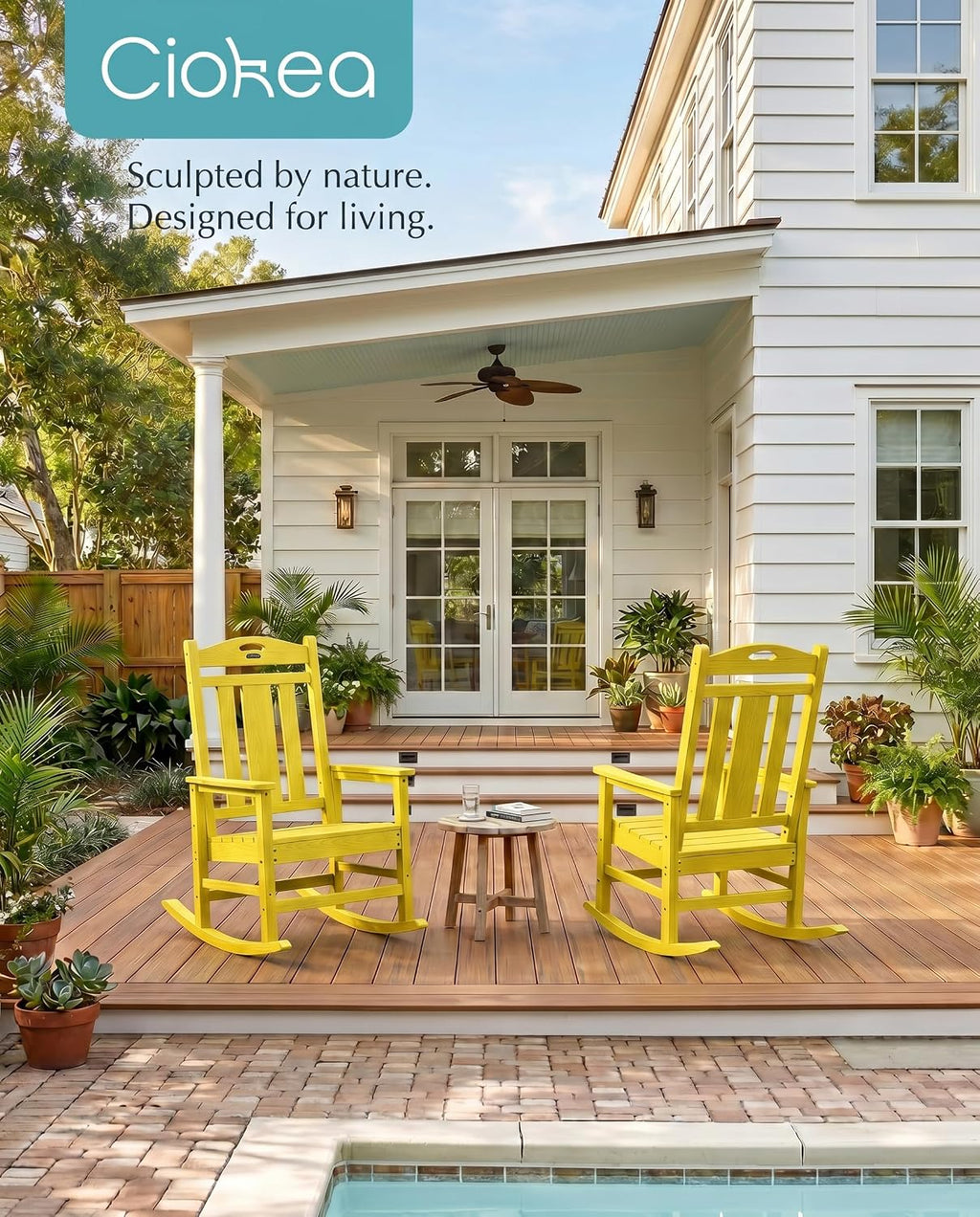Ciokea Oversized Outdoor Rocking Chairs Set of 2, 380lbs Heavy-Duty Large Patio Rocker, High Back Cozy Porch Chairs, Weather Resistant Patio Rocking Chairs for Outside, Fire Pit, Deck, Citron Yellow
