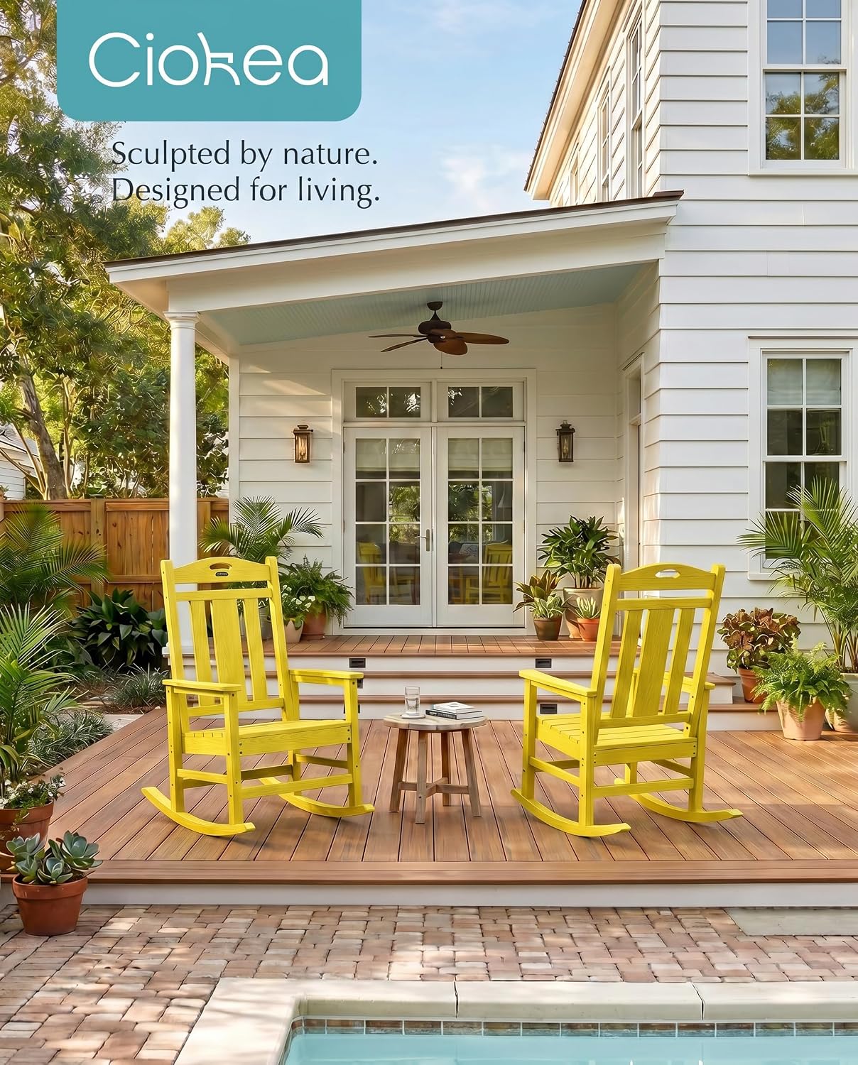 Ciokea Oversized Outdoor Rocking Chairs Set of 2, 380lbs Heavy-Duty Large Patio Rocker, High Back Cozy Porch Chairs, Weather Resistant Patio Rocking Chairs for Outside, Fire Pit, Deck, Citron Yellow
