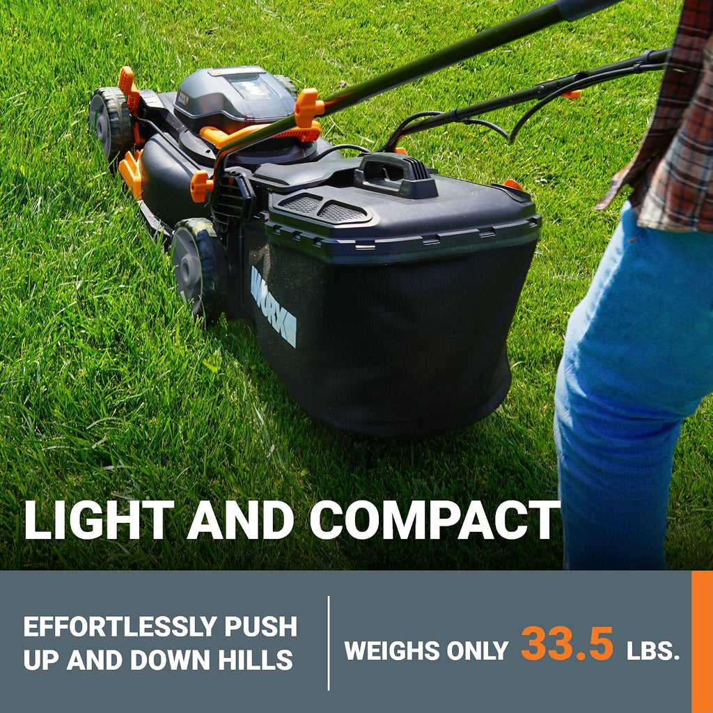 WORX 17' Cordless Lawn Mower, 2 in 1 Electric Mower Cuts Quietly, Compact & Lightweight Push Lawn Mower with 7-Position Height Adjustment for Small Yards, 2 Batteries & Charger Included, WG743