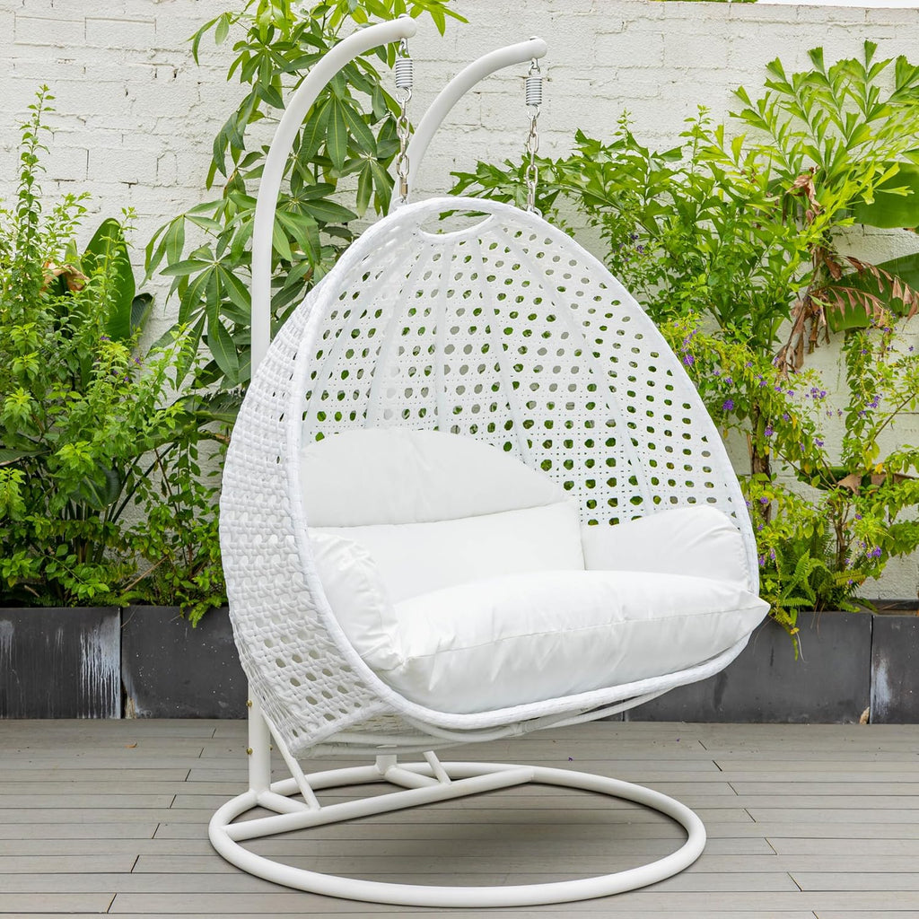 LeisureMod 2 Person Hanging Egg Chair, Indoor Outdoor Patio Lounge Swing with White Stand & UV-Resistant Cushions, Hammock Chair for Bedroom & Garden, White