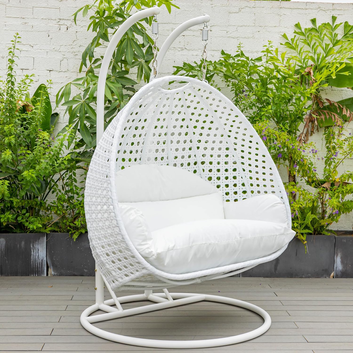 LeisureMod 2 Person Hanging Egg Chair, Indoor Outdoor Patio Lounge Swing with White Stand & UV-Resistant Cushions, Hammock Chair for Bedroom & Garden, White