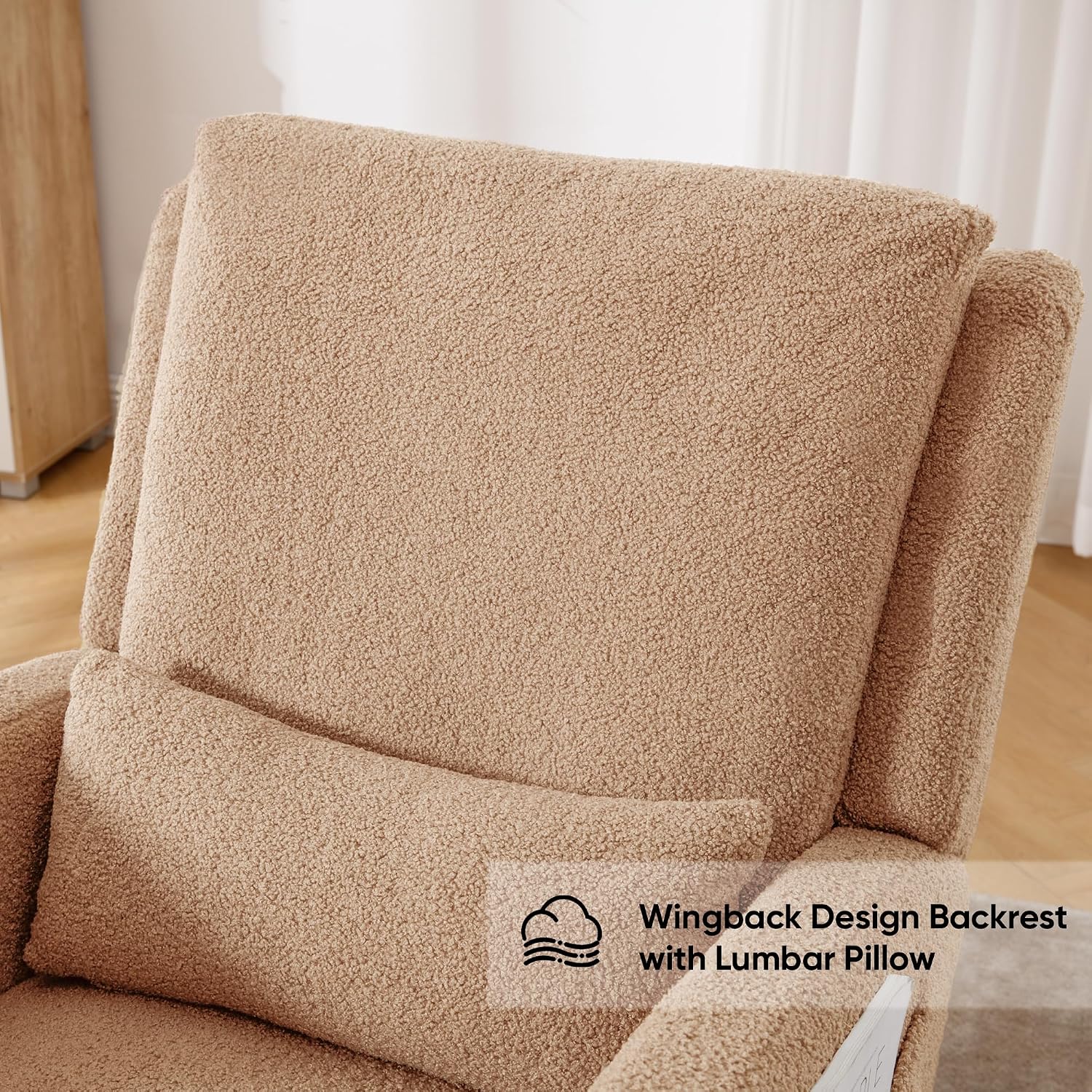 HCHAIRH Rocking Chair Nursery, Boucle Nursing Rocking Chairs, Upholstered Nursery Glider Rocker Wingback Morden Rocking Chair with Lumbar Pillow for Mom Nursery, Living Room, Bedroom, Teddy Khaki