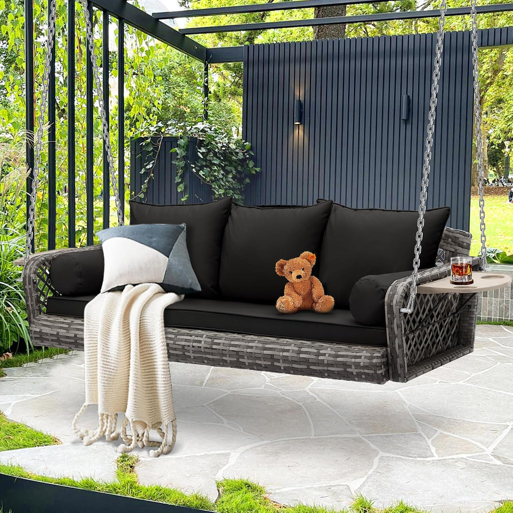 Wicker Porch Swing, 3-Seats Rattan Hanging Swing Chair, Patio Grey Swing, Outdoor Rattan Swings Bench with Cushion for Patio Backyard Poolside Garden, Black